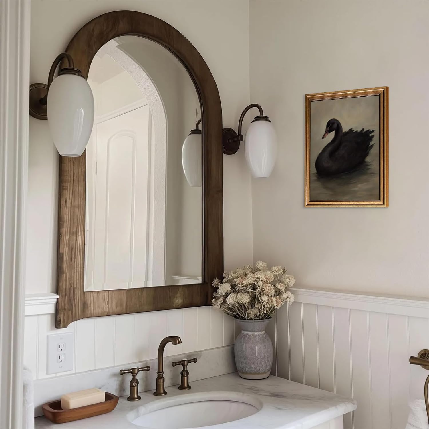 Aroutde Framed Swan Canvas Wall Art for Living Room, Vintage Gold Framed Black Swan Painting Wall Decor, Moody Animal Farmhouse Artwork Home Decor 16W''x 24L''