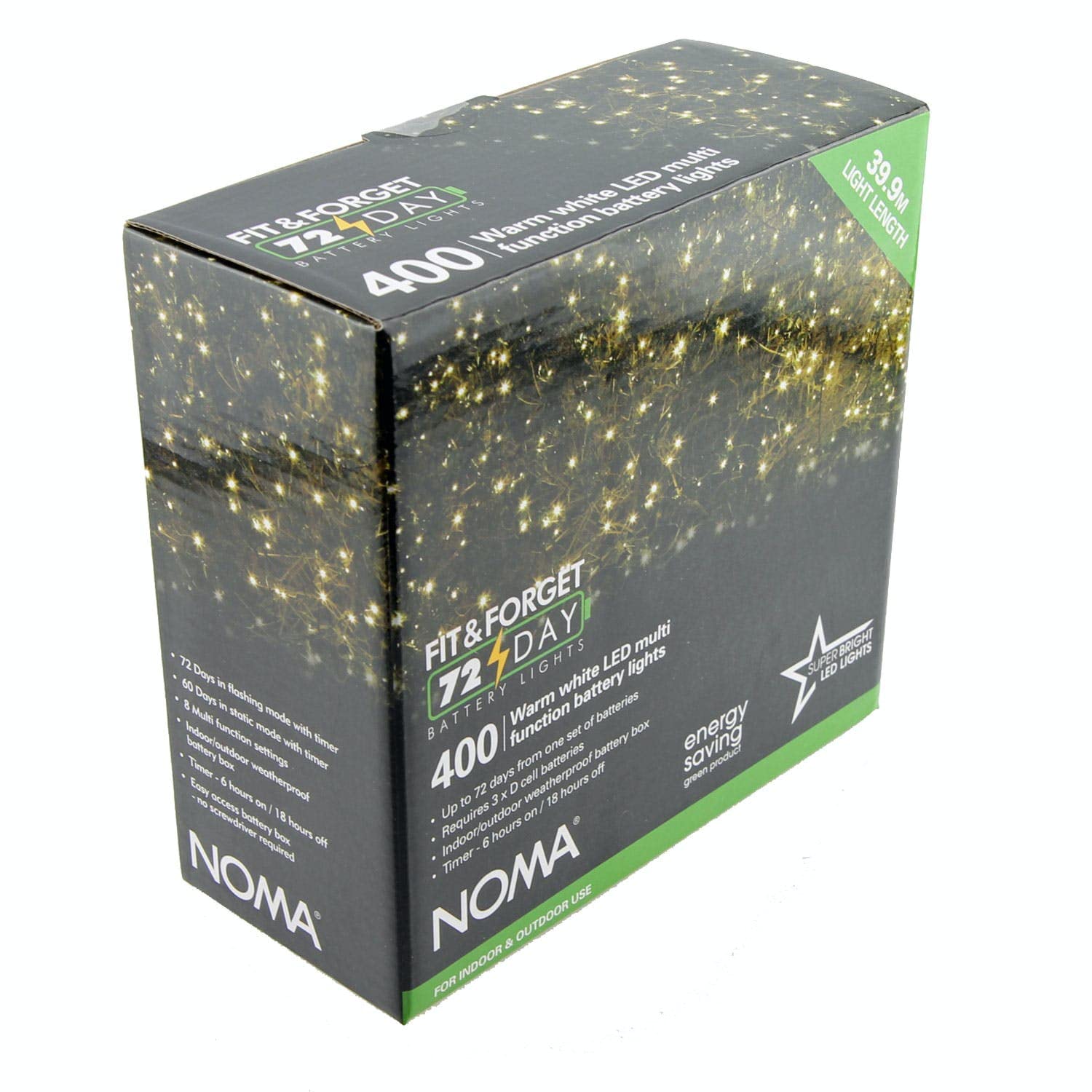Noma @ Wowooo Warm White, Green Wire Fit & Forget Battery 400 Led String : Timer : Multifunction : Indoor/Outdoor : Warm White 6816006Gww