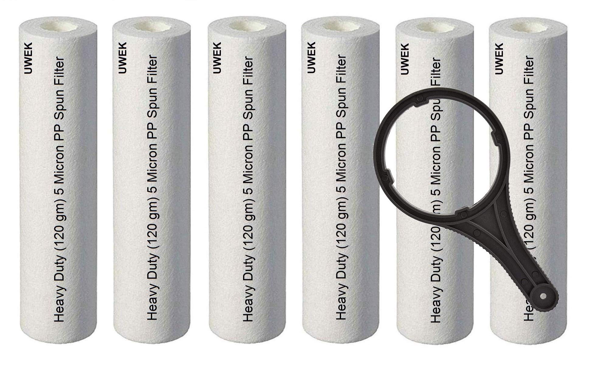 UWEK 5 Micron 10" inch PP Spun pre Filter, Heavy Duty 120 gm with Spanner (6+1) Suitable for RO Water Purifier (Pack of 7 item)