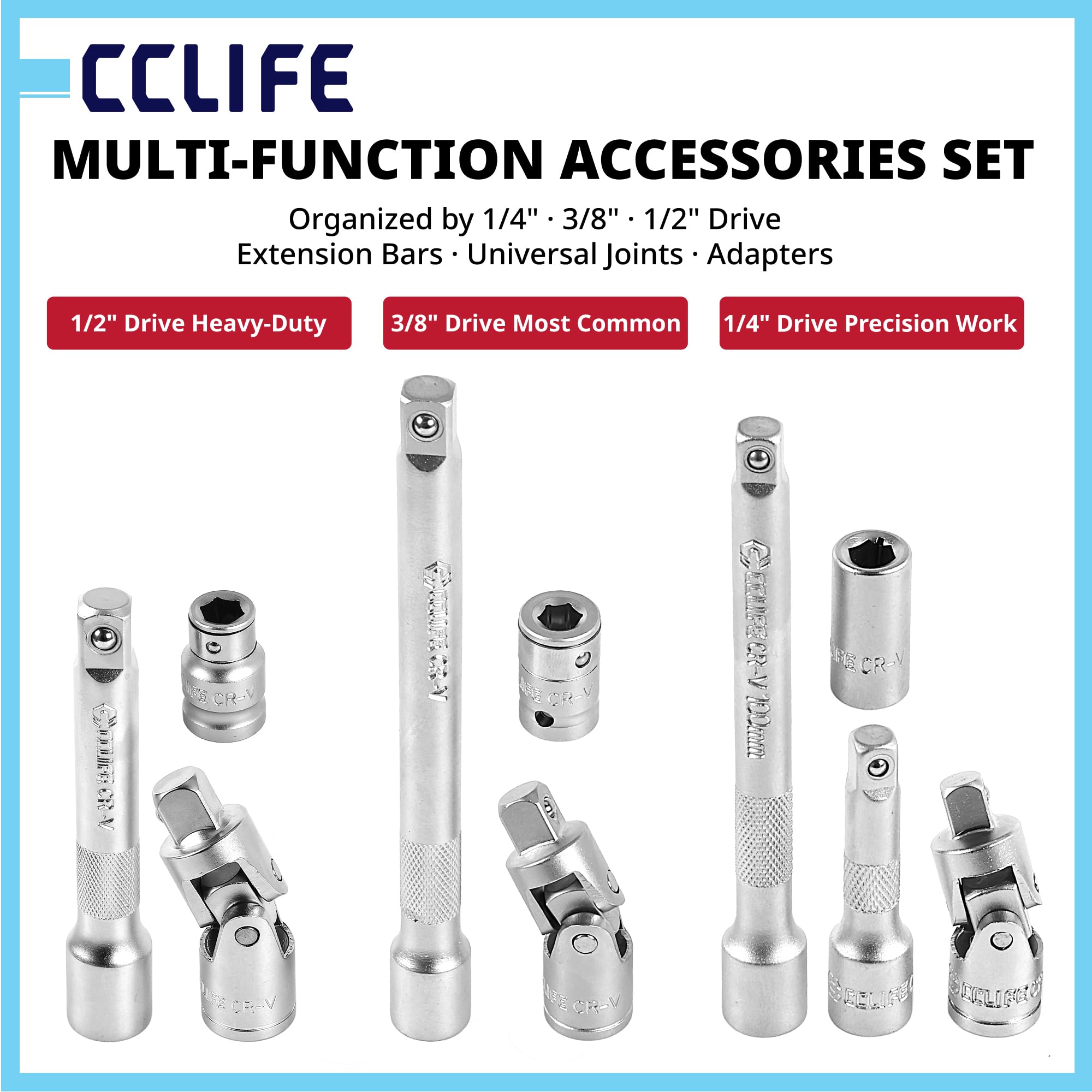 CCLIFE Zestaw kluczy nasadowych 171-częściowy – 1/4" 3/8" 1/2" skrzynka z grzechotką 72-zębową, zestaw kluczy nasadowych ze stali CrV – do samochodu, motocykla, warsztatu i majsterkowiczów