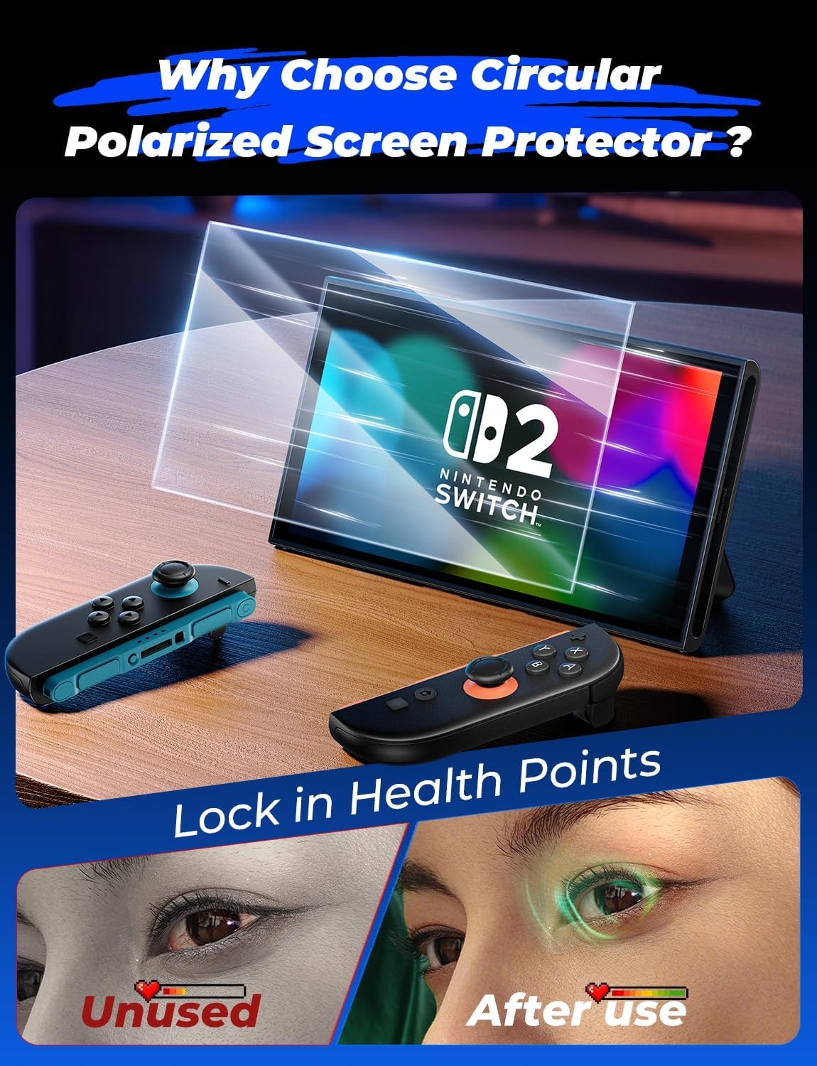 MAGIC JOHN for Nintendo Switch 2 Eye Protection Screen Protector 7.9'' 2025, Anti-Glare, Blue Light Filter, HD Clear, Automatic Dust Removal, 9H Tempered Glass, Compatible with Switch Console, 2 Pack - Image 2