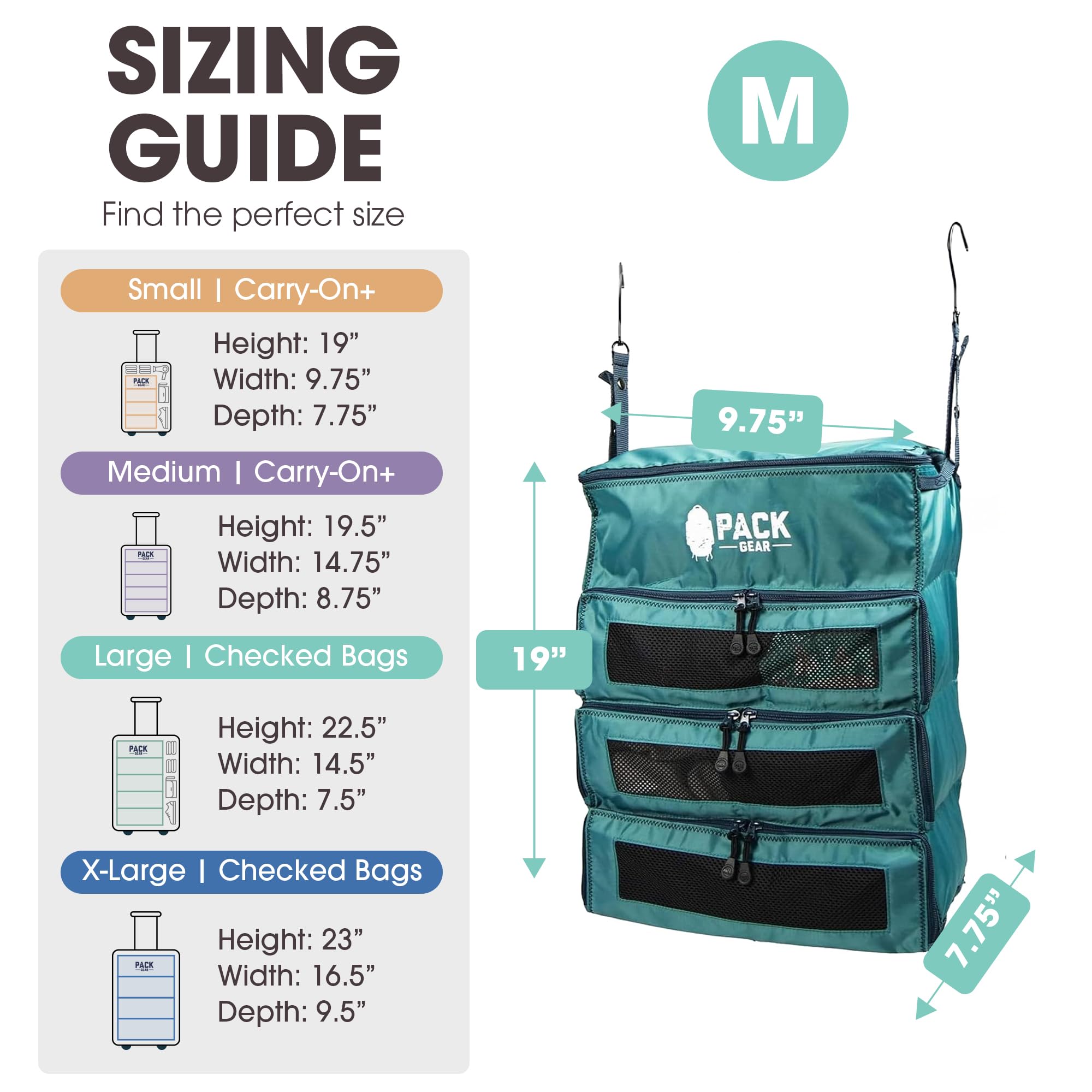 Pack Gear Organizador de Maletas | Empaca más en tu Equipaje Grande o de Mano | Desempaca al Instante con Estos Cubos de compresión para Maletas | Organizador de Estante Colgante para Armario (Negro)