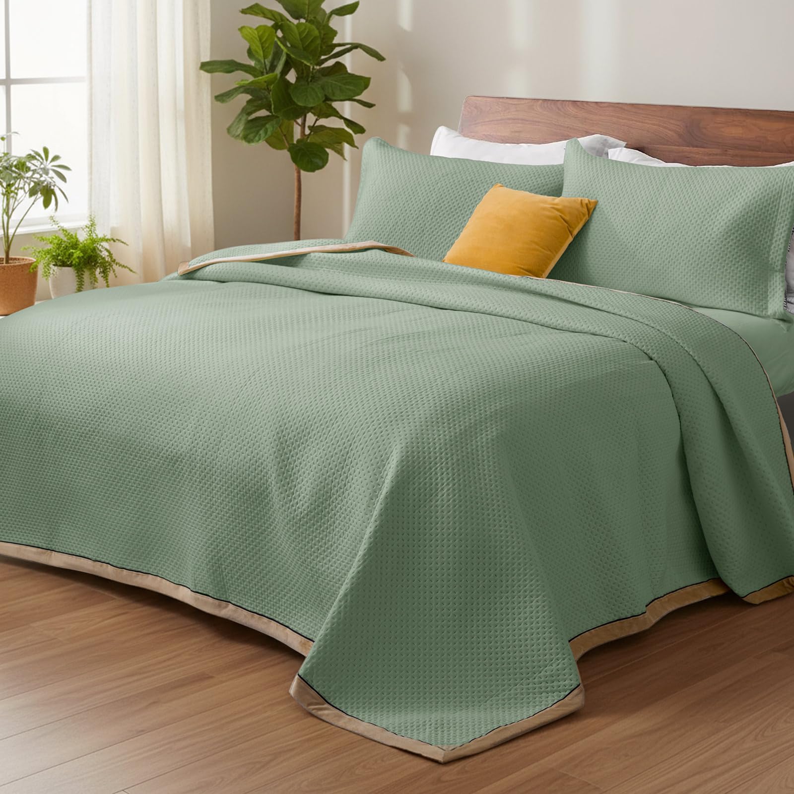 SHANNA Quilt Bedspread 3 Piece Set: All Season Luxurious Thick Cozy Comforter Bed Cover Solid 220 x 240 cm Quilted Coverlet Set with 2 Pillowcase 50 x 70 cm Large Sofa Throw Cover (Light Green-A)