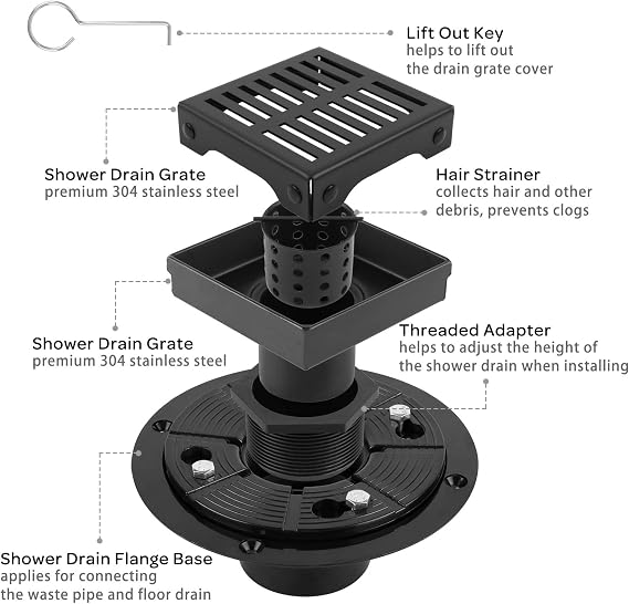 4 Inch Black Shower Drain with Adjustable Shower Drain Base Flange, SUS 304 Stainless Steel Floor Drain with Removable Cover Line Grate Top Plate, Matte Black Finished