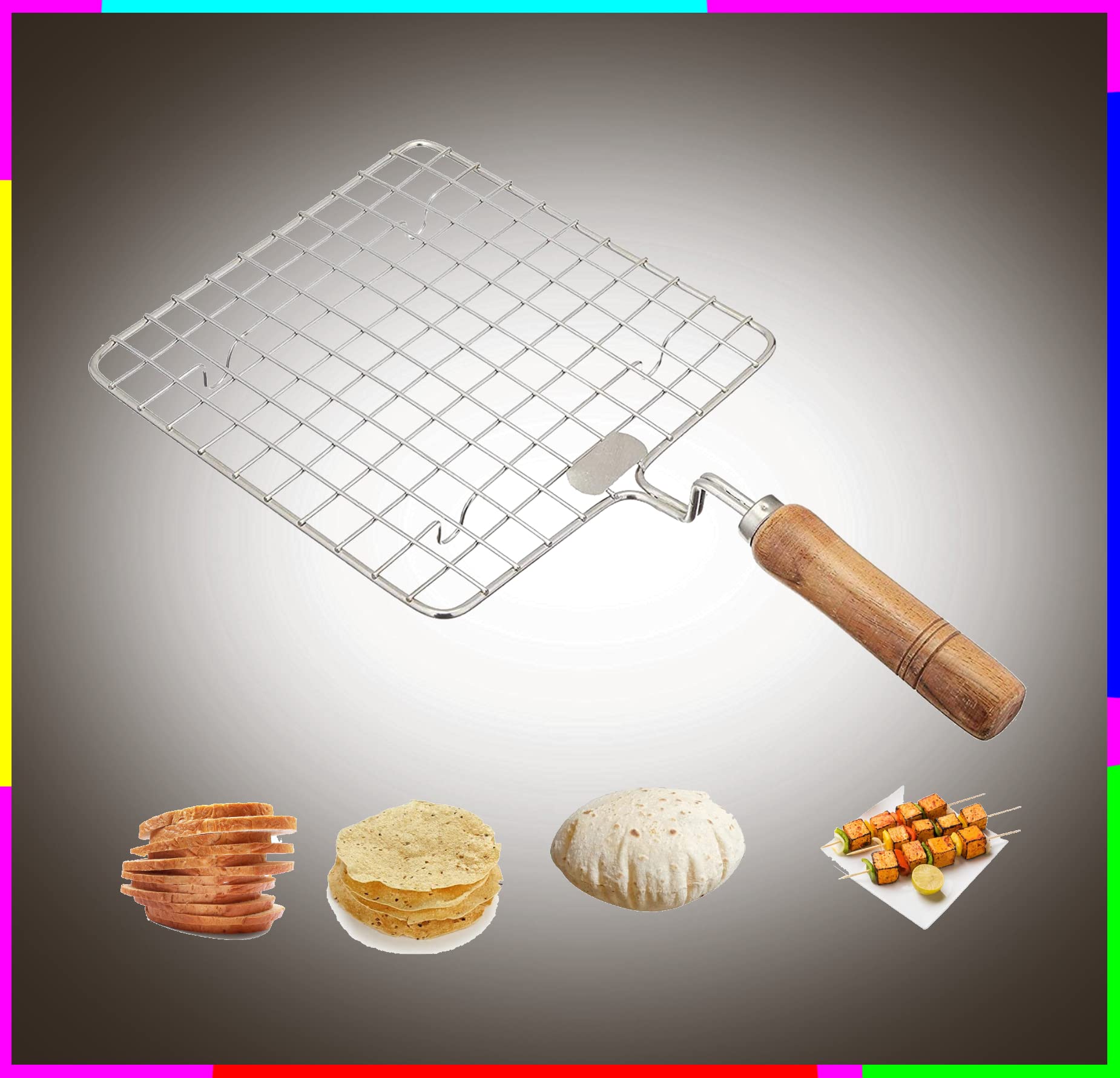 Perfect Kitchen Stainless Steel Round Roti Maker, Barbeque Papad Jali Roaster Chapati Toast Paneer Grill Wooden Handle Vegetable Tandoor Net, Baigan Bharta (Silver) (Square)-image-14