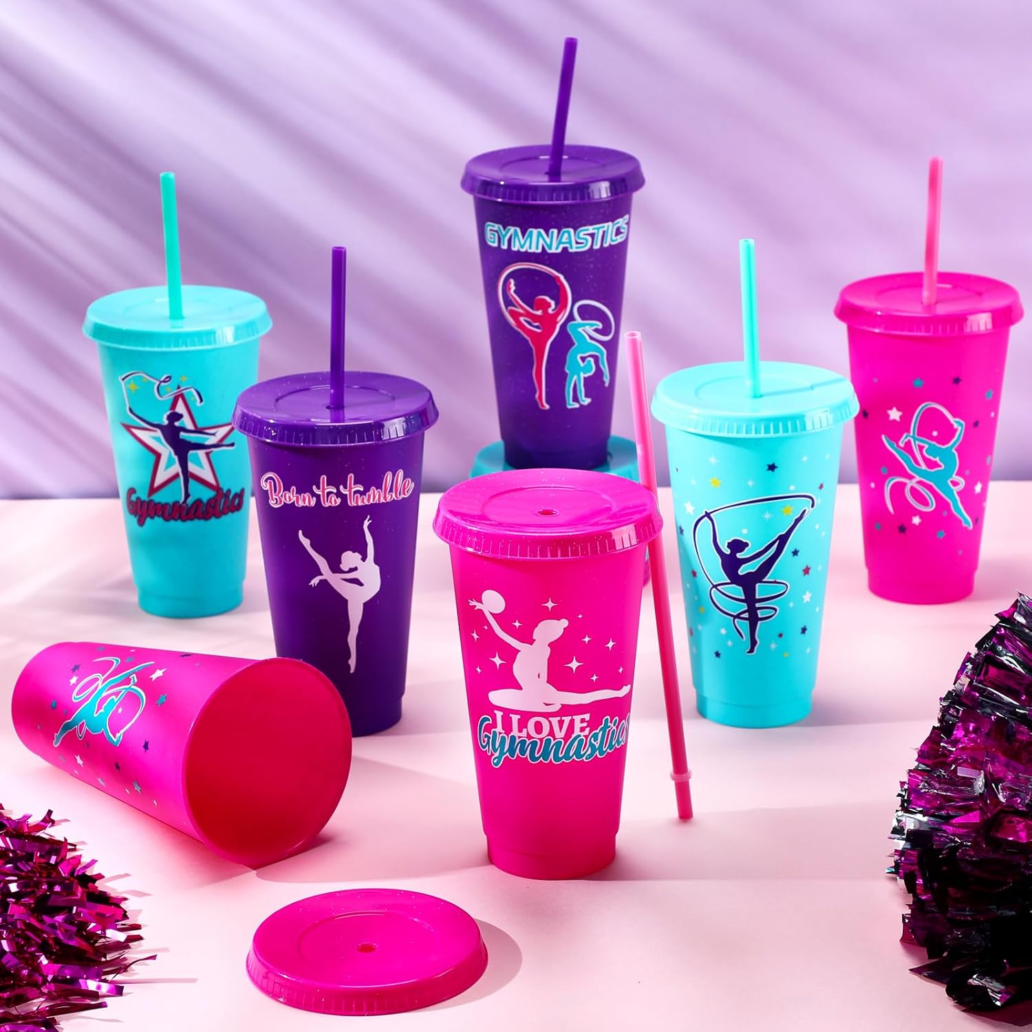 Nuogo 24 Pcs Gymnastics Party Favor Plastic Cups with Lids and Straws,24 oz Gymnastics Tumbler Cup Gymnastics Gifts for Adult Women Girl(Bright Colors)
