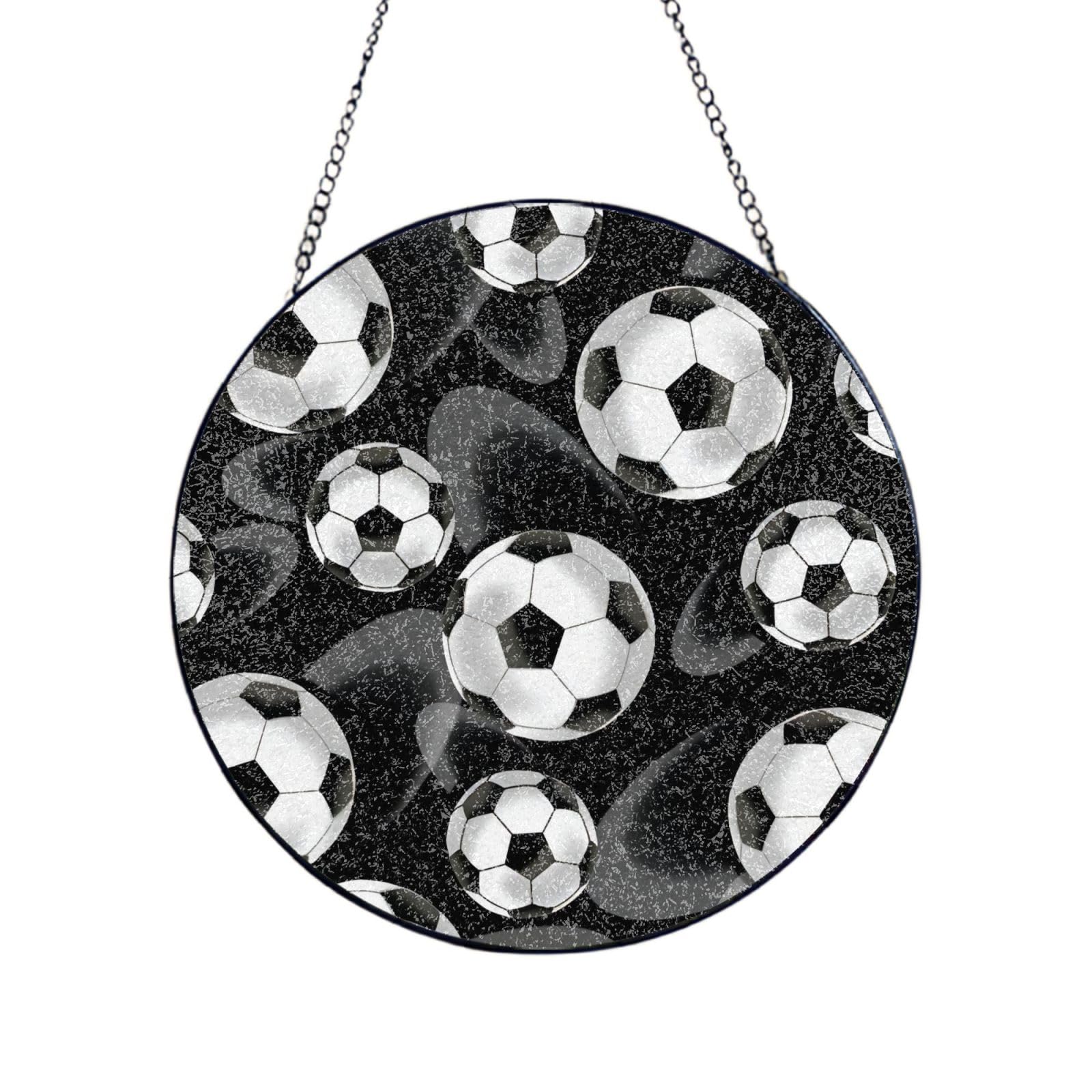 Phayah Soccer Black Print Glass Window Hanging Round Suncatcher Glass Ornament Garden Wall Fence Decorations Indoor Outdoor 10in（25cm）