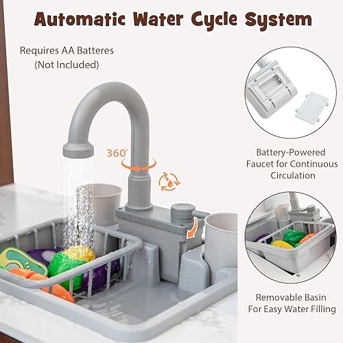 Miniatura 3 de INFANS Juego de cocina para niños de esquina, juego de juguetes de cocina de madera con circulación de agua real, gabinete de almacenamiento de