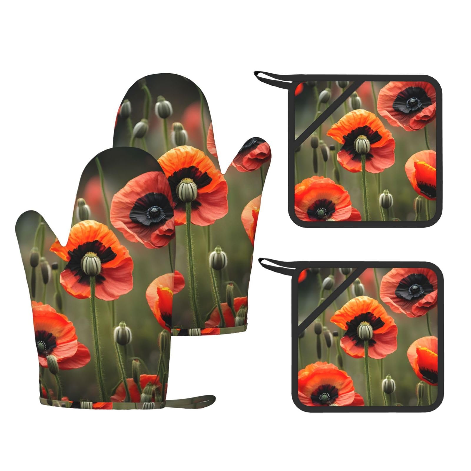 Gants de cuisine silicone anti-chaleur à 5 doigts coquelicot