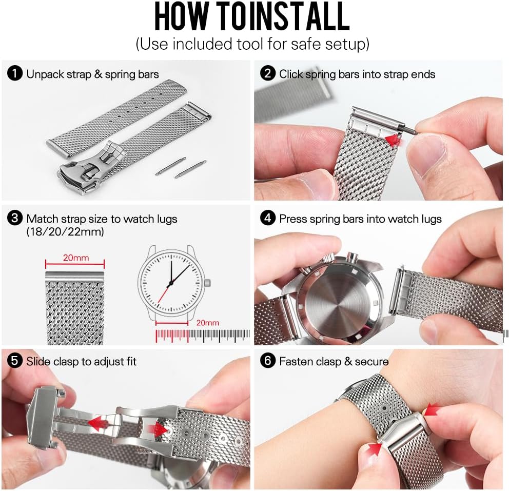 Metal Watch Band for Men Women, 316L Milanese Stainless Steel Mesh Bracelet, 18mm 20mm 22mm Adjustable Replacement Strap