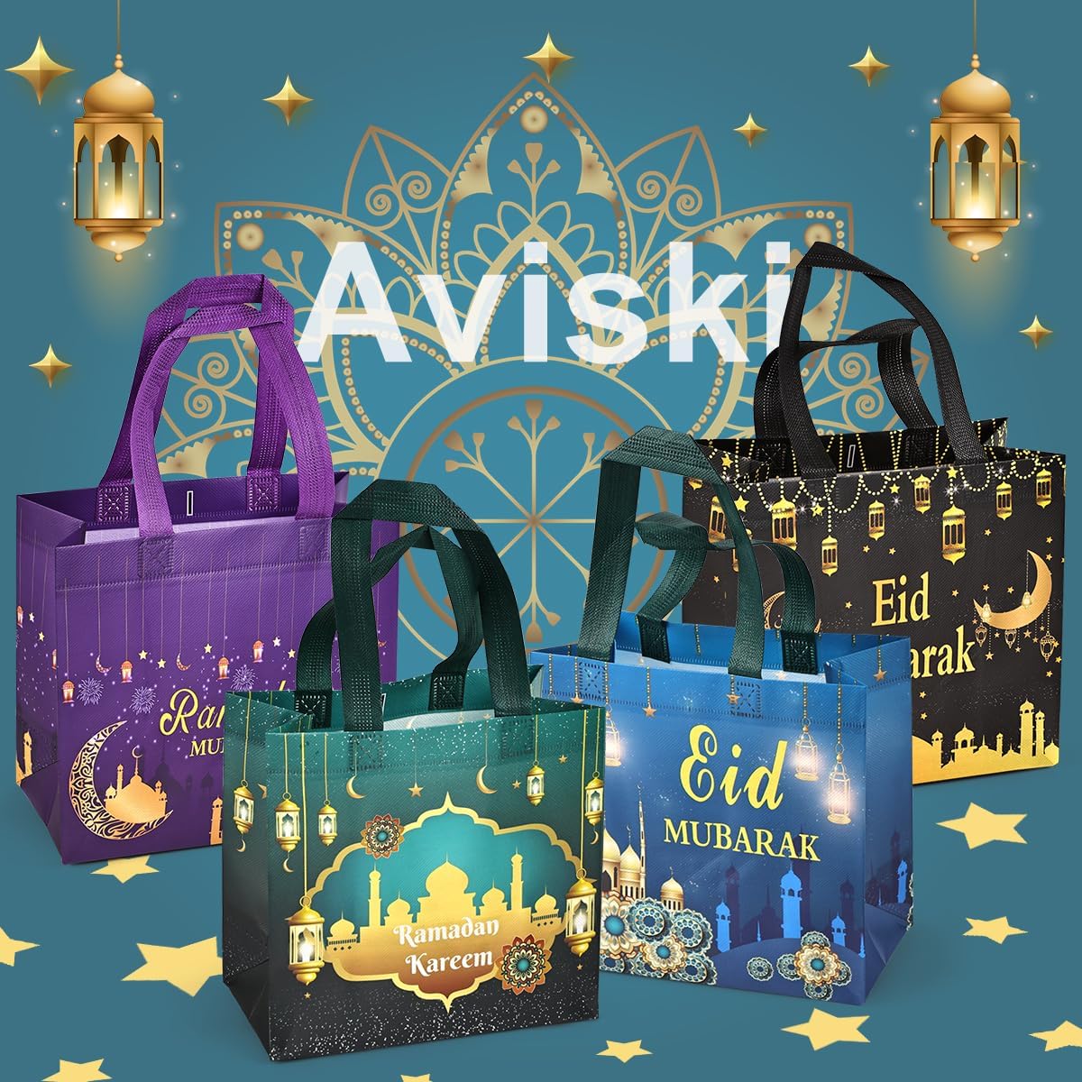 8PCS Eid Mubarak Reusable Gift Bags, Treat Bags with Handles, Ramadan Mubarak Party Bags, Multifunctional Non-Woven Eid Bags for Gifts Wrapping, Ramadan Kareem Party Supplies, 9.2"×8.7"×4.3" - Image 5