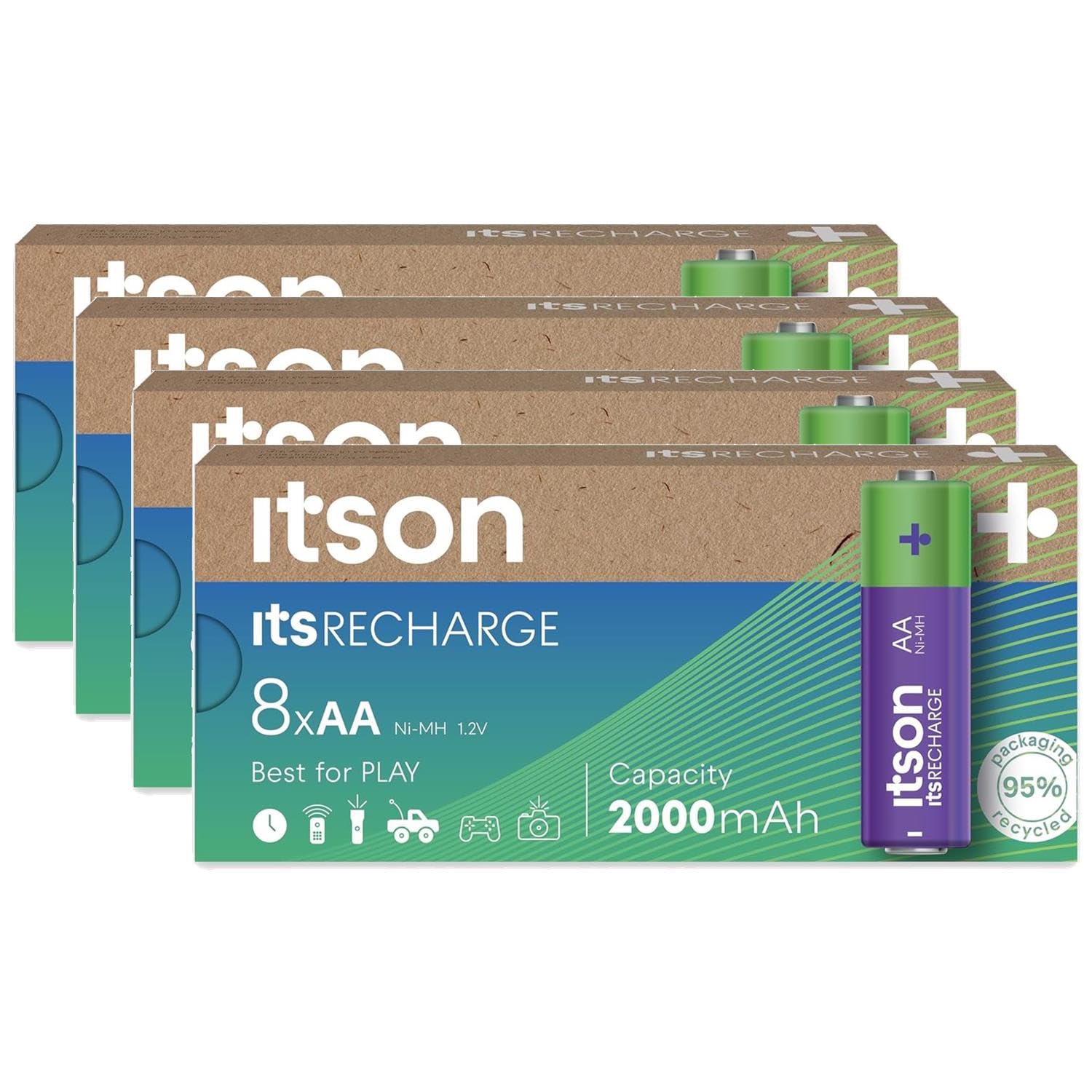 ITSON Lot de 4 x 8 Piles Rechargeables AA prêtes à l'emploi Pro NiMH, 2000 mAh. Idéales pour télécommandes, Torches, horloges