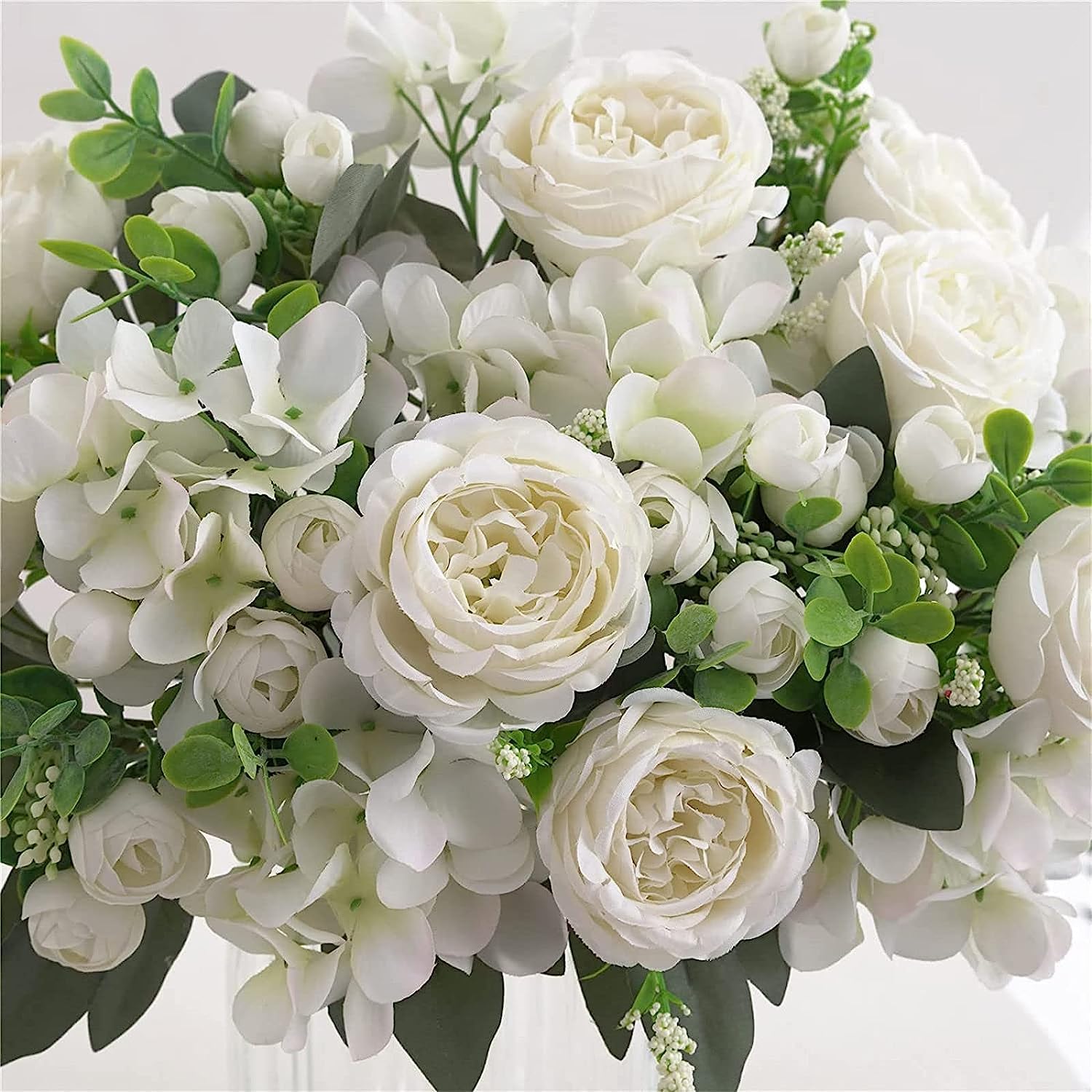 Con fiori, bouquet da sposa, bouquet da sposa, con fiori, 4 mazzi di peonie bianche ortensie per la decorazione Rose finte composizioni di bouquet finti centrotavola da tavolo in plastica fiori di set