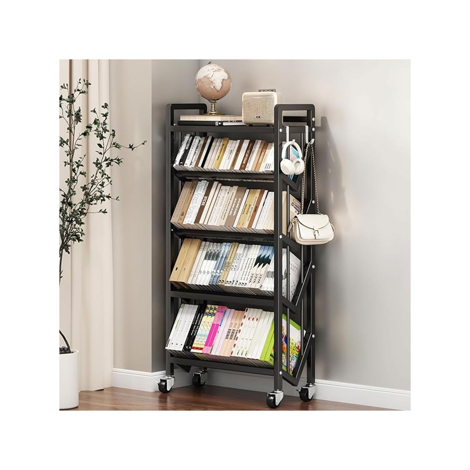 Book Carts with Wheels, Library Rolling Book Cart 2/3/4/5 Tier Movable Bookshelf Mobile Large Capacity L-Shaped Carbon Steel Organizer Rack for Office, Home, Classroom(Black,5 Tiers-27.6x9.8x57.7in)
