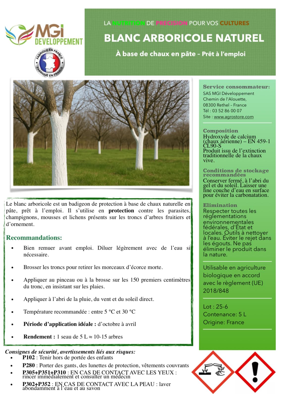 Blanc Arboricole Naturel – 5L – Protection Tronc Arbre – À base de Chaux en Pâte – Prêt à l’emploi – Agriculture Biologique – Made in France