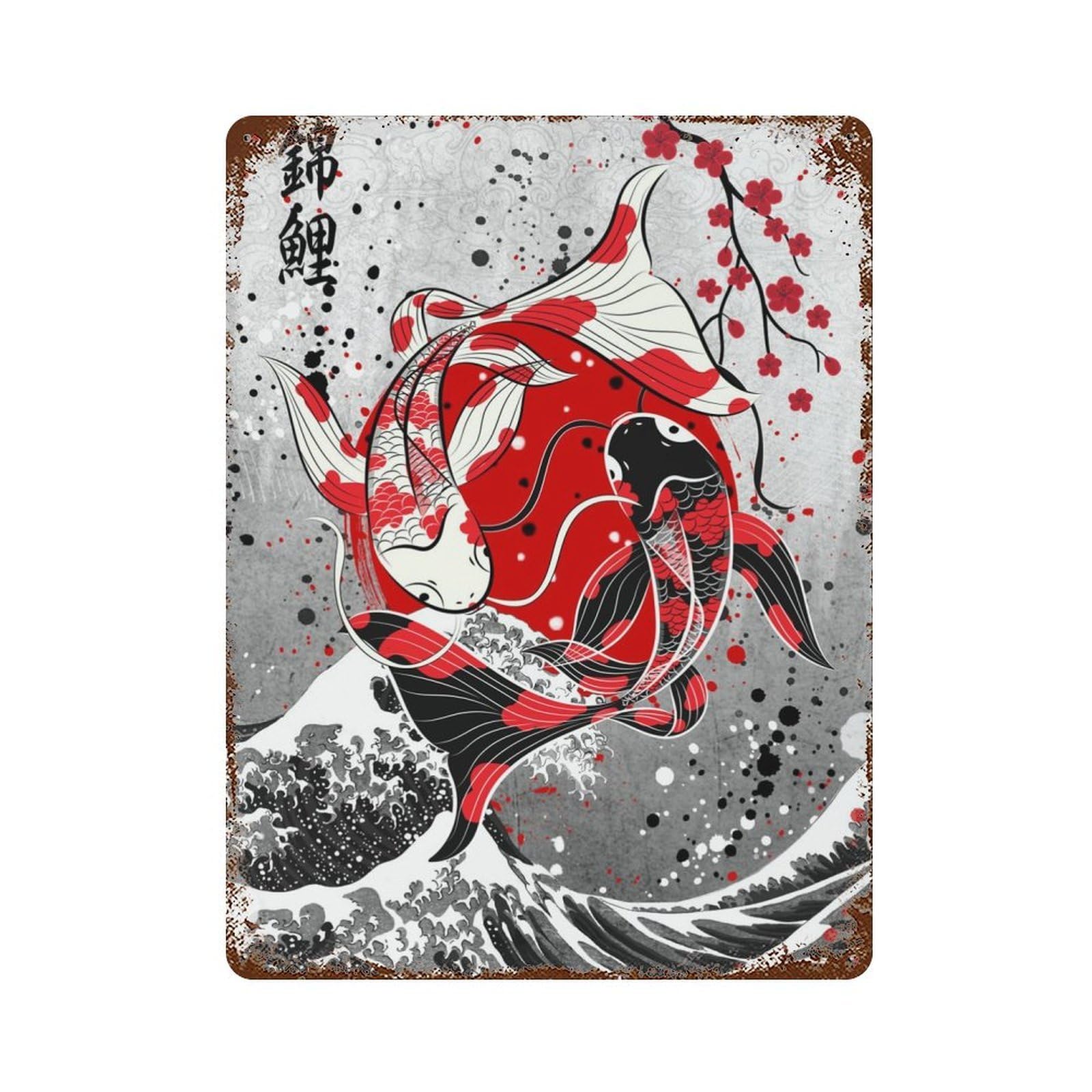 Yin Yang Koi Fish Decorative Tin Sign 15.7"x11.8", for Farmhouse, Kitchen And Entryway Decor, Shabby Chic Decor