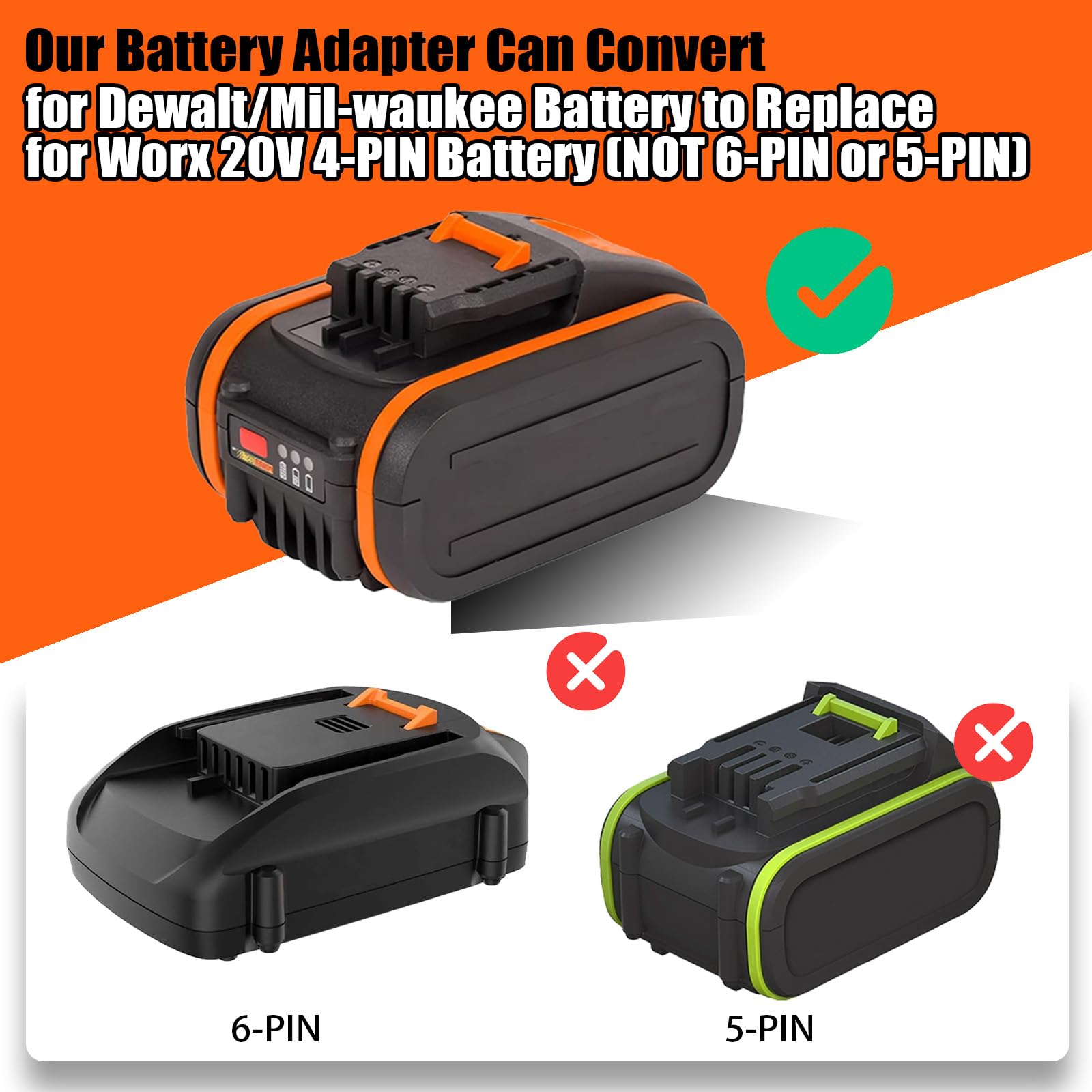 Adaptateur de batterie 20 V pour Dewalt & Milwaukee vers Worx, compatible avec les batteries Dewalt & Milwaukee pour les outils à batterie Worx 20 V
