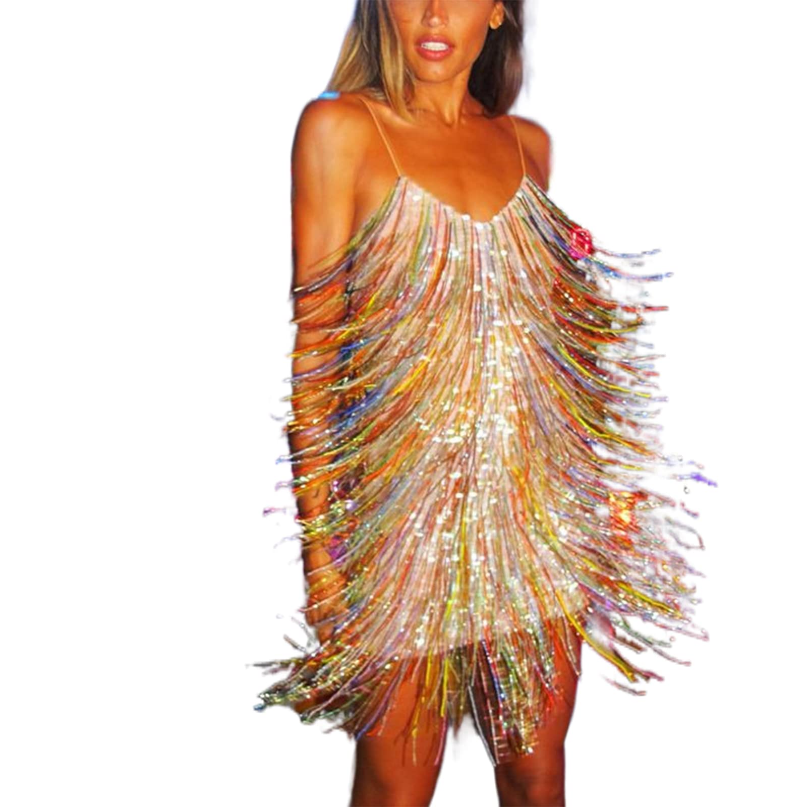 Women's Sleeveless Tassel Sequin Dress Shinny U-NeckSleeveless Latin Flapper Ball Gown Backless Sequin Fringe Sexy Party Dance Dress
