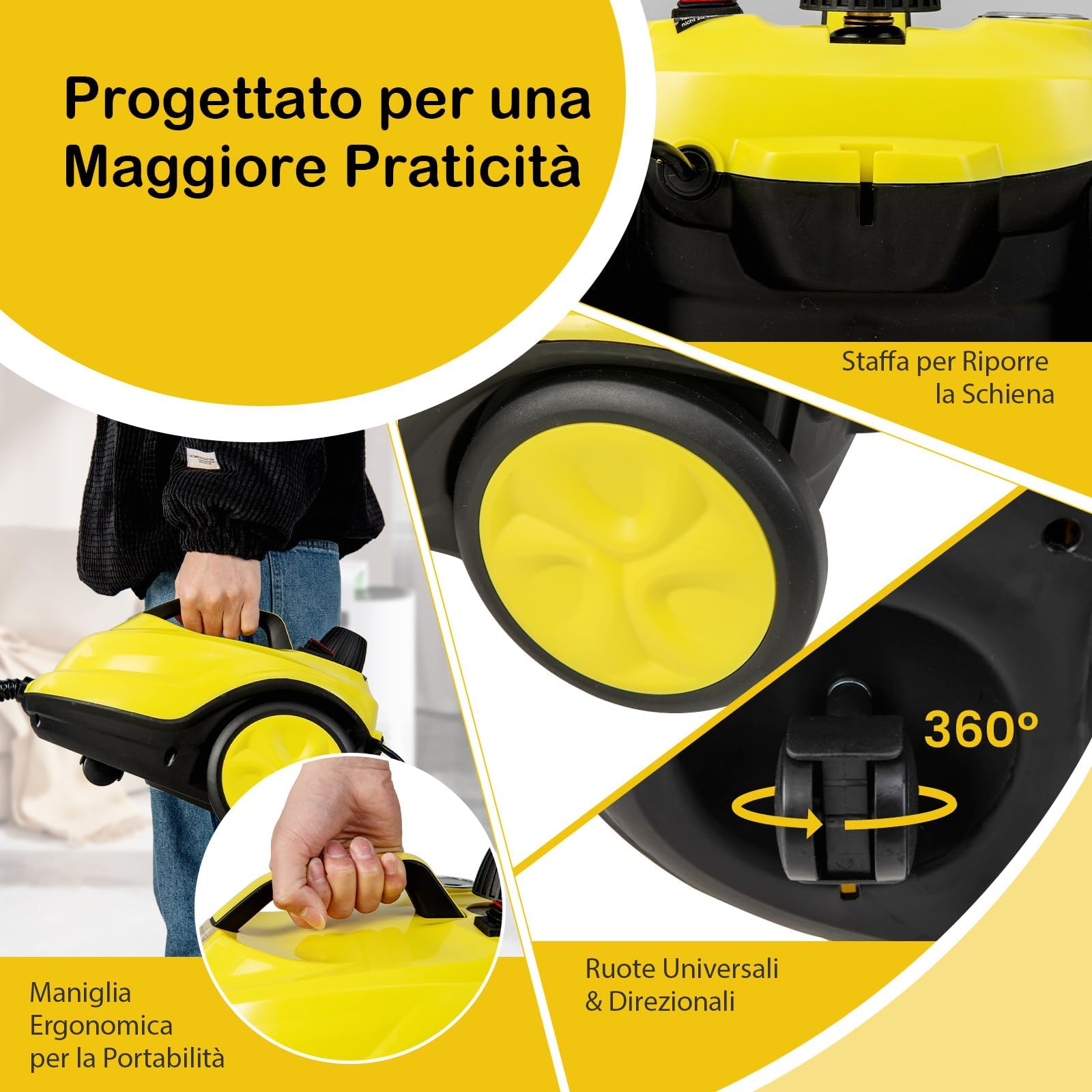 RELAX4LIFE Pulitore a Vapore 2000 W, Temperatura 160°,5 bar, Per Pulire: 108 m², Serbatoio: 1,8 L, Tempo di Riscaldamento: 8 min, 3 Regolazione del vapore, Ricchi Accessori,Senza Chimici (GIALLO)