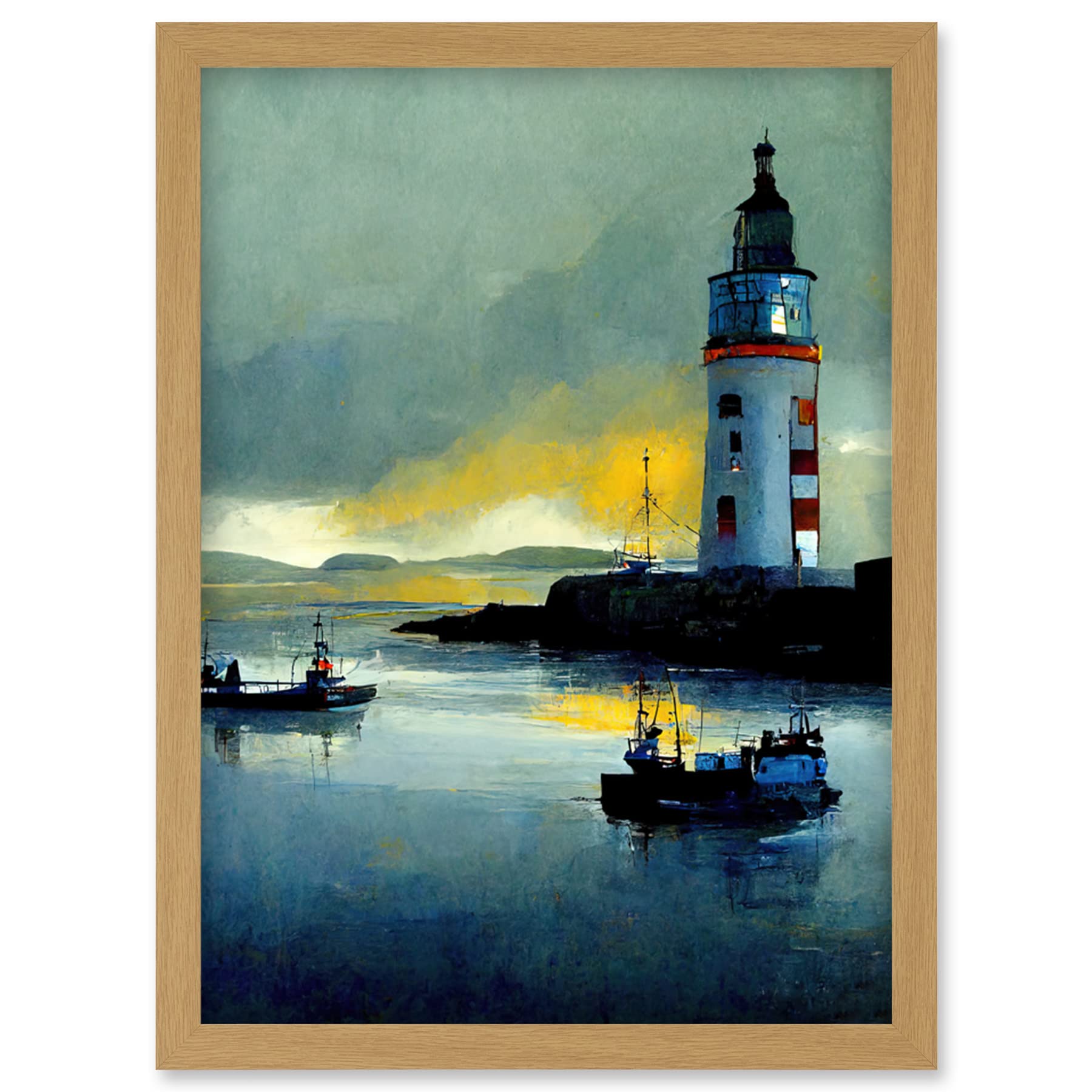 Doppelganger33 LTD Scottish Harbour Fishing Boats Lighthouse Modern Artwork Framed Wall Art Print A4