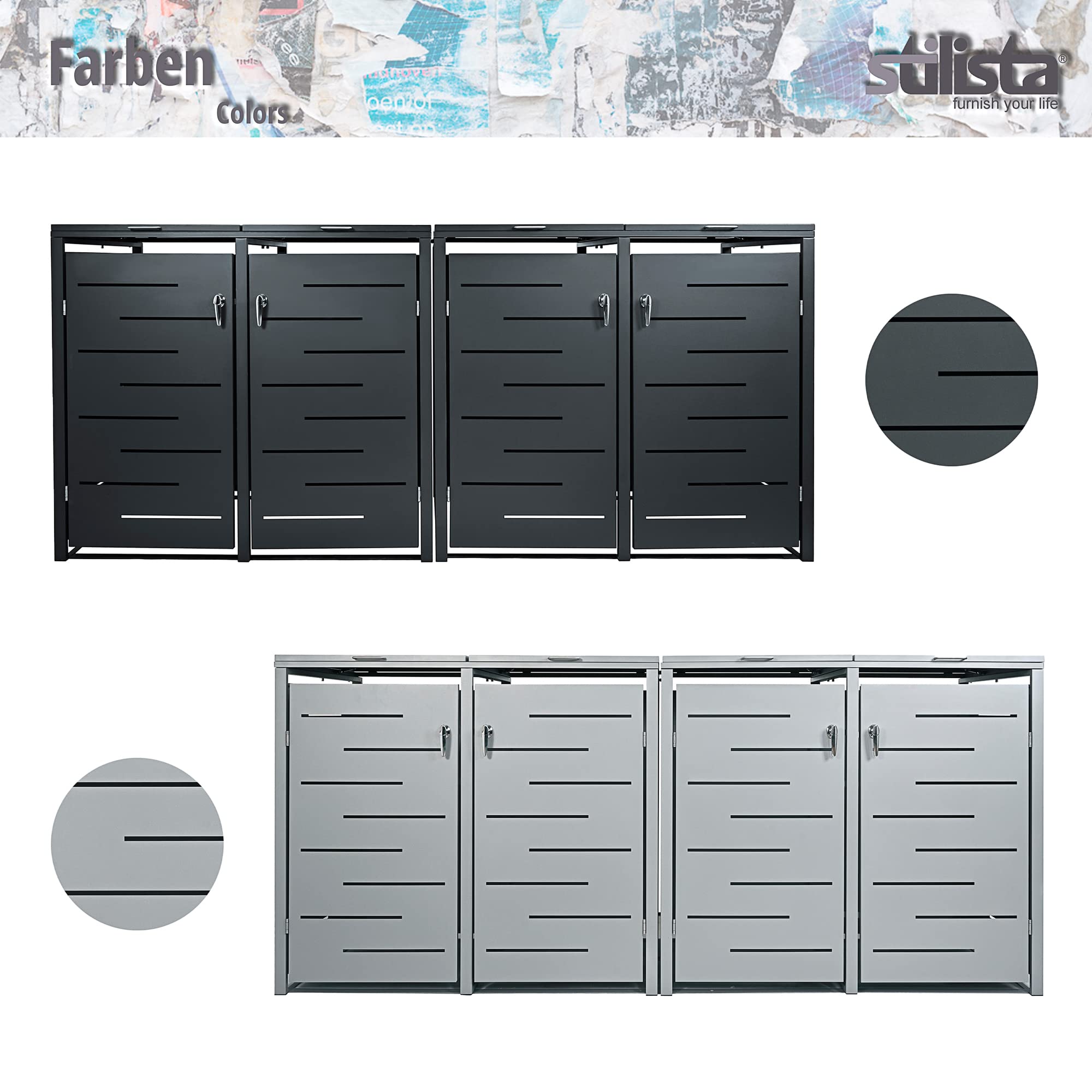 Nexos Mülltonnenverkleidung 4 Türen Silber Metall 265x80x116cm 240L Tonnen