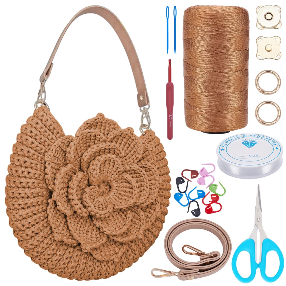 FREEBLOSS Flower Crochet Bag Kit for Beginners Complete Starter Set with Step-by-Step Video Tutorials Crochet Tote Bag Set Knitting Kit Adult Crafts Projects, Champagne
