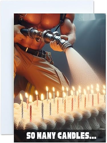Miniatura 1 de Tarjeta de cumpleaños divertida con tantas velas con bombero sexy en el frente. Haz que la mujer del cumpleaños (u hombre) se rían del bombero
