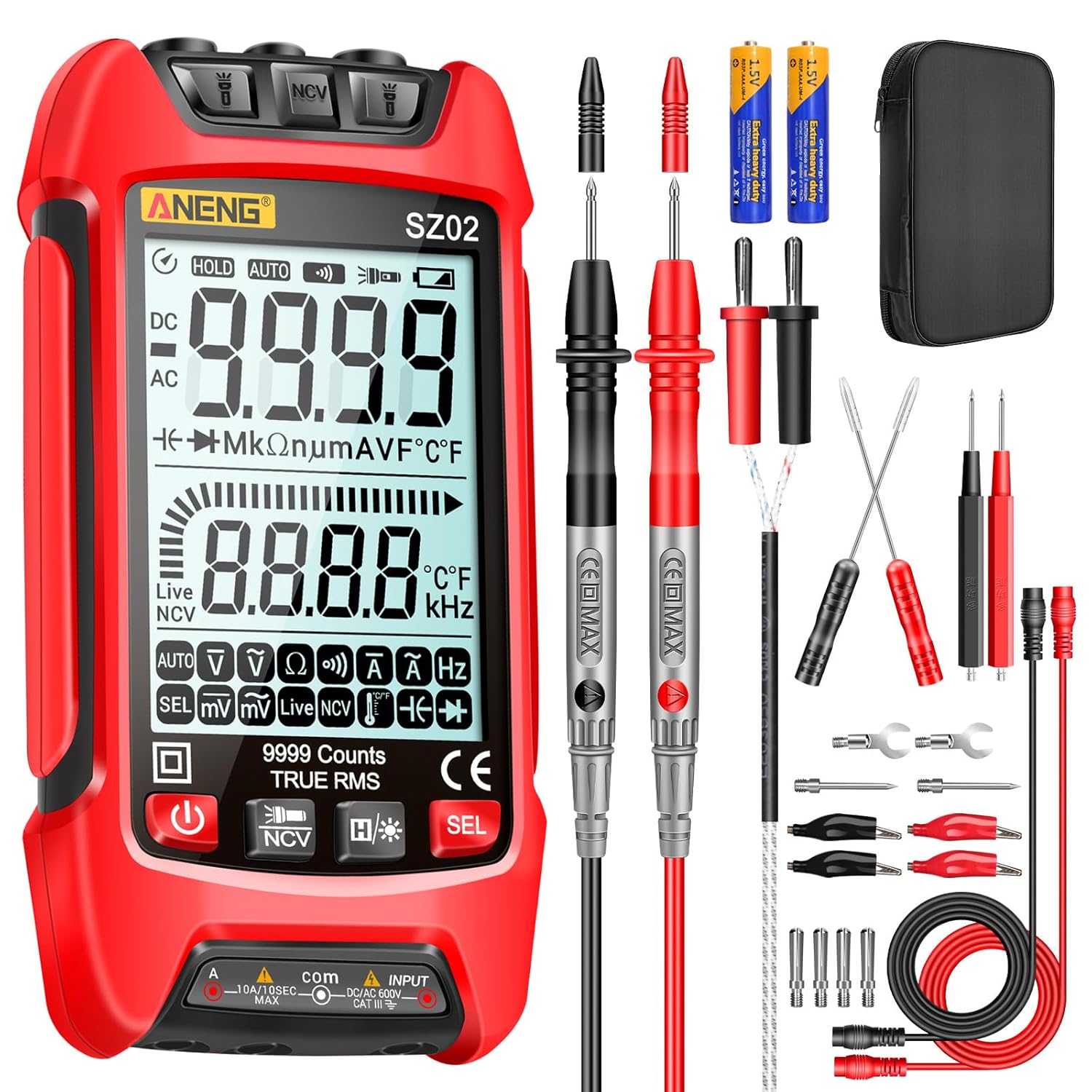 ANENG Digital Multimeter Smart Testers TRMS 9999 Counts Anti-Burning Ohm Amp Volt Meter Measures NCV,AC/DC Current/Voltage,Resistance,Continuity,Capacitance,diodes,Auto-ranging Electrical Tools