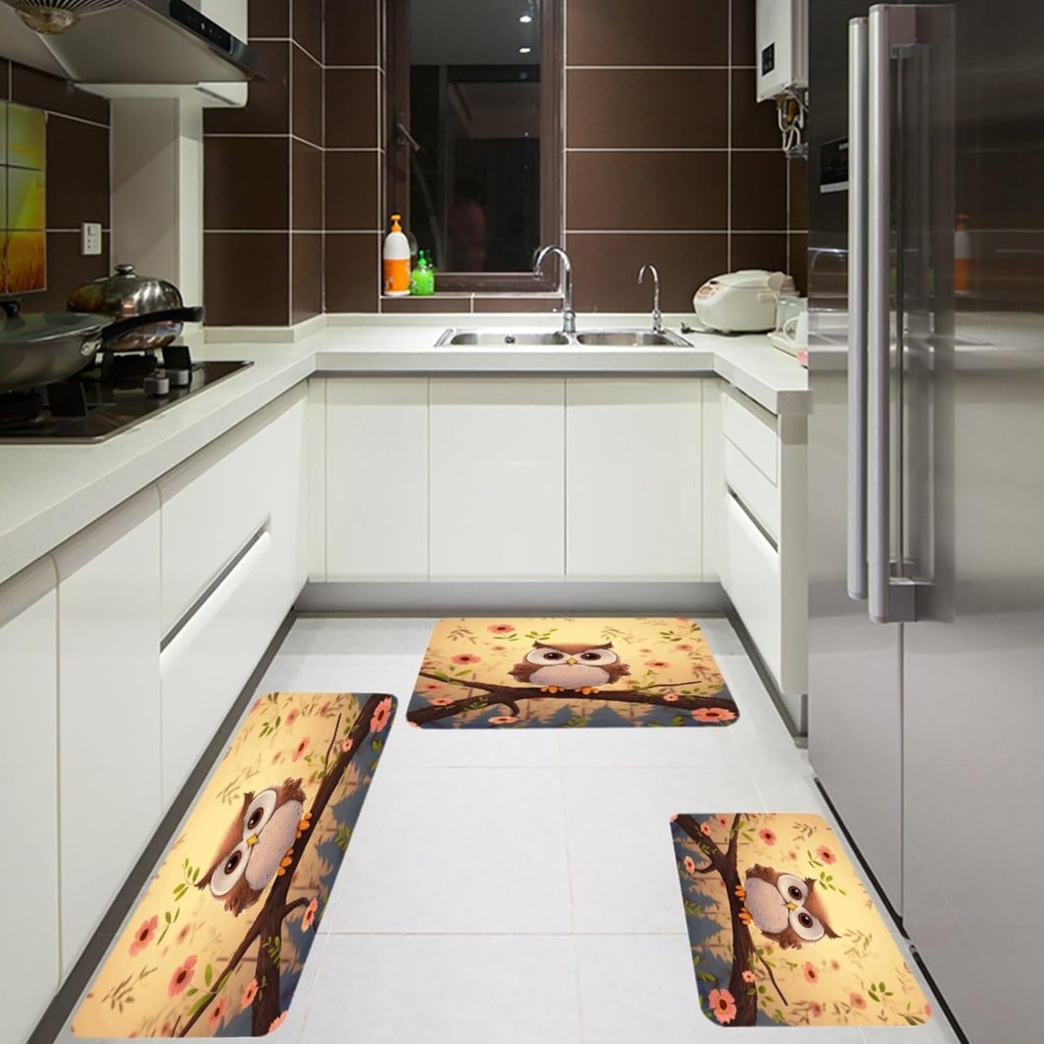 Cute Owl Kitchen Rugs Sets of 3 Washable Non Slip Kitchen Rug Water Resistant Carpet Piece Anti Fatigue Kitchen Mats Soft Comfort Standing Mat Modern Area Rug