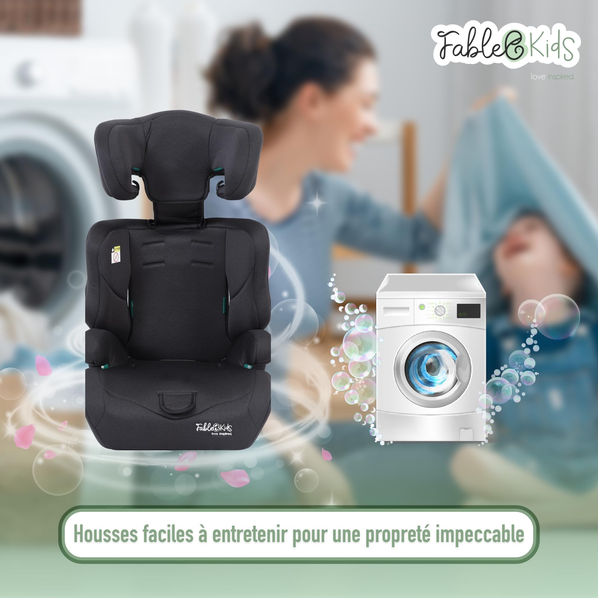 FableKids Siège auto pour enfants | Ceinture de sécurité à 3 points | Siège auto pour enfants 76-150 cm | Siège enfant appui-tête réglable | ECE R129/03 | Réglable 44,5x41x68-75cm | Gris