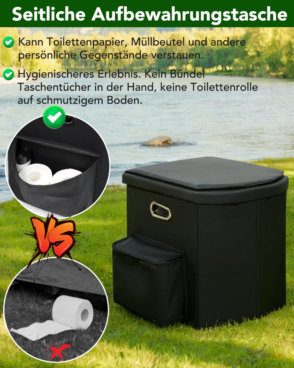 Faltbare Campingtoilette XXL mit Seitentasche, Tragbare Notfalltoilette 42cm Komfort-Sitzhöhe, Mobile Klapptoilette für Garten, Zelten, Roadtrip, Strand, 200kg Stabil, Camping Zubehör Erwachsene