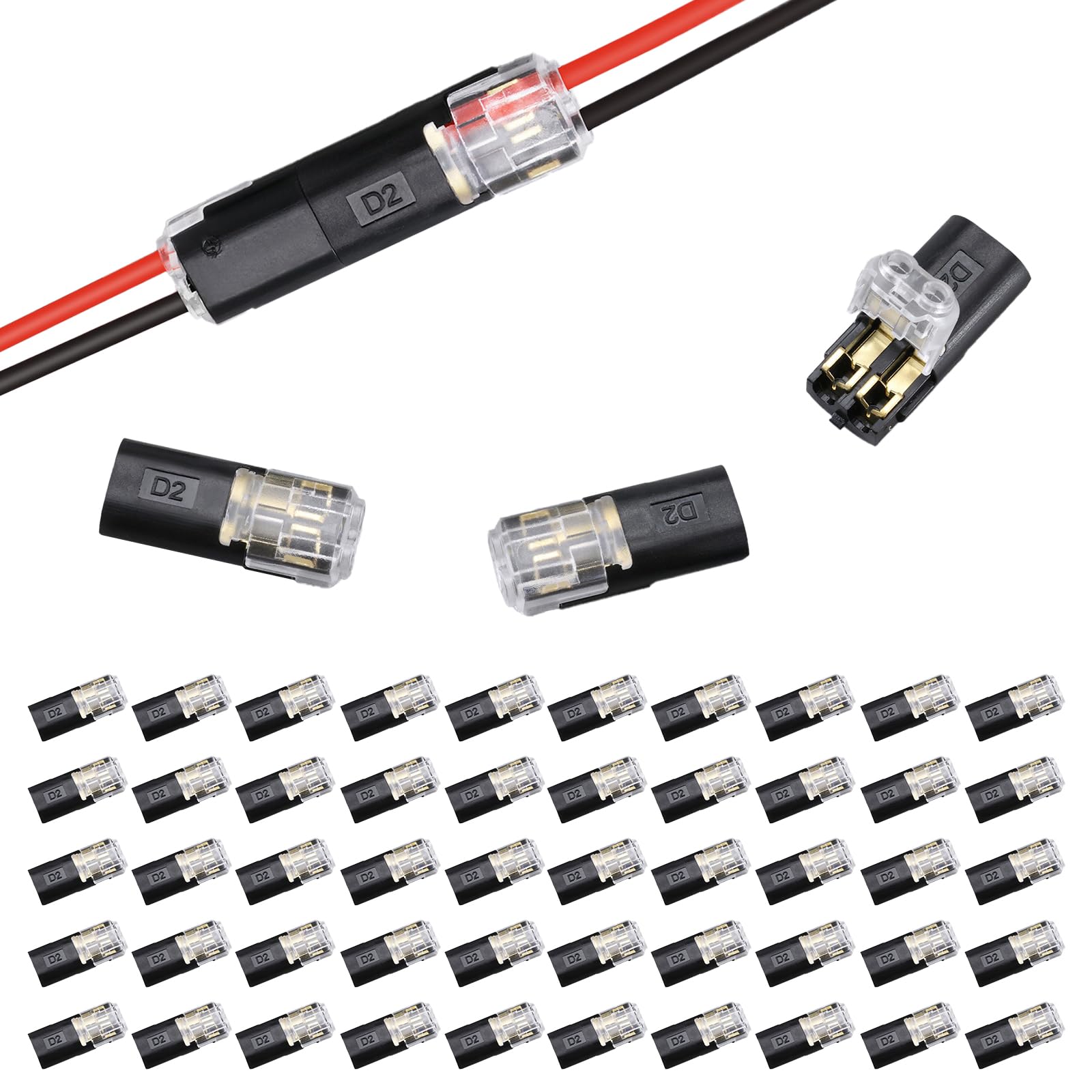 50Pcs Waterproof 2-Pin Automotive Wire Connectors – 12V Quick Crimp Electrical Connectors for 18-22 AWG Cables, Plug-in Cable Terminals for Car and Truck