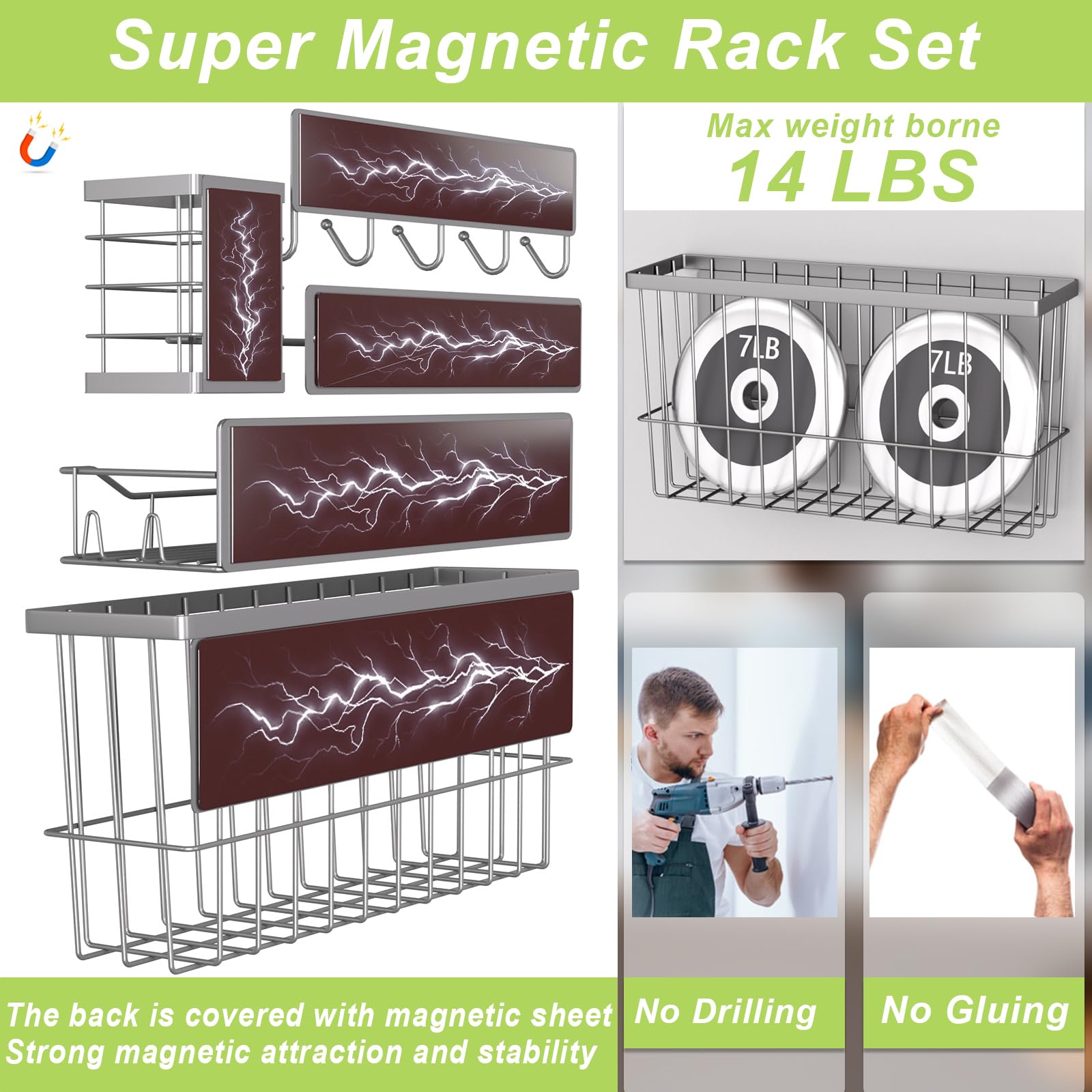 Magnetisches Gewürzregal für Kühlschrank, 7 Stück, magnetisches Kühlschrankregal mit Papierhandtuchhalter, Utensilienhalter, Schneidebrett-Regal, bewegliches Gewürz-Organizer-Regal für Küche