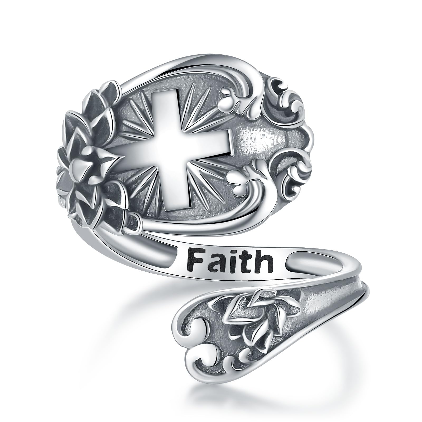Vintage Spoon Ring Sterling Silver Faith Cross