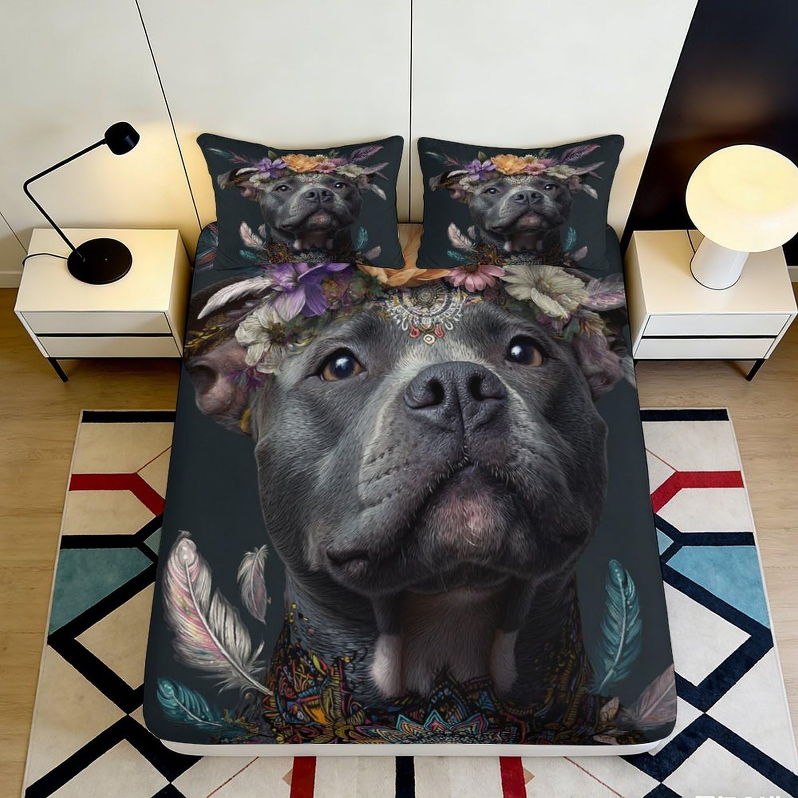 Uxinyoume Style-1 3D Printed Black Dog Portrait Fitted Sheet Microfiber Soft Anti-Slip Mattress Cover For Bedroom Guest Room Decor 90X200x25cm