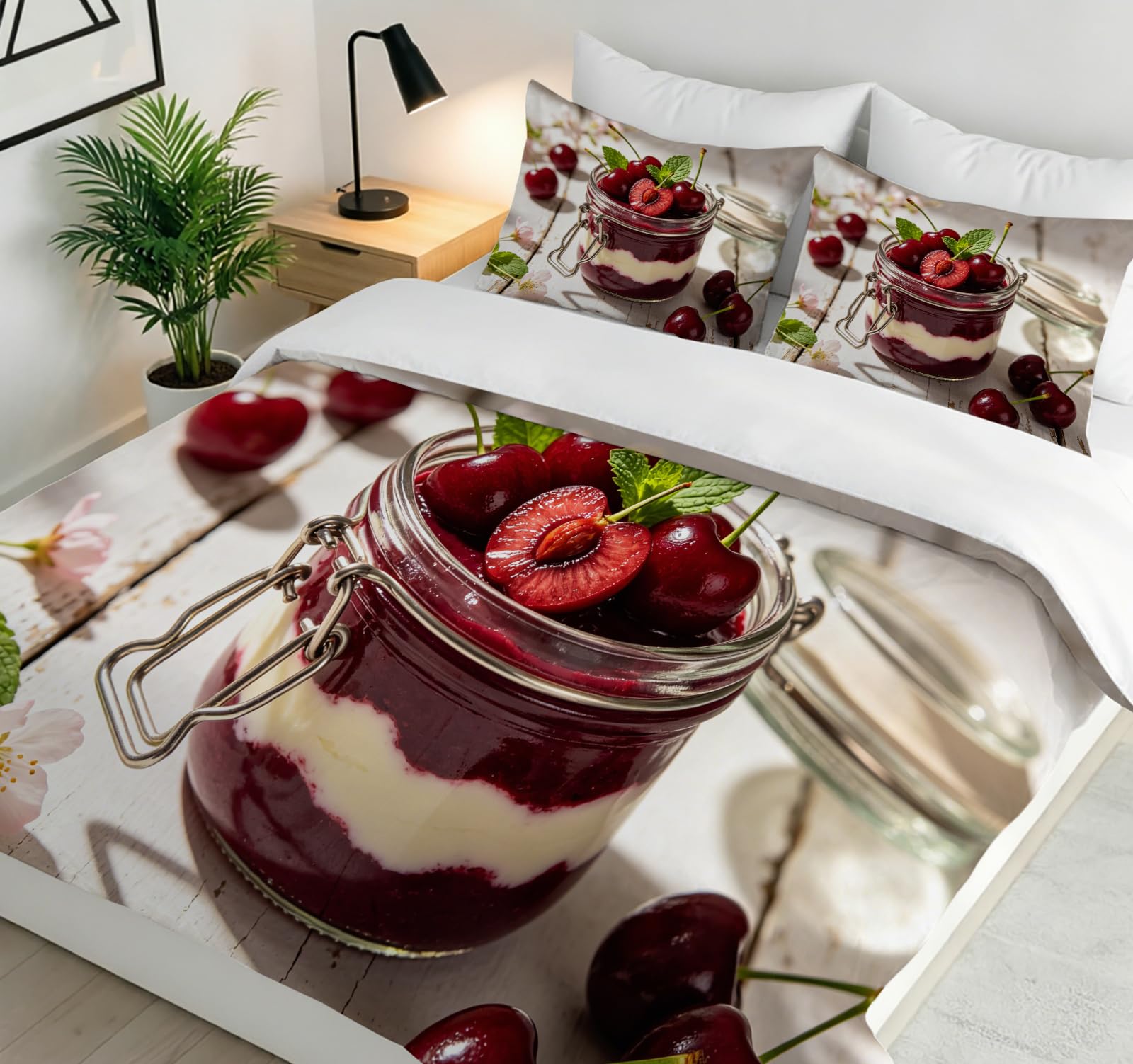 Funda Nórdica Cama 135/150 Pastel de Cerezas Impresión 3D Microfibra Suave Ropa de Cama Postres Deliciosos Funda Edredon 220x240 cm con Cremallera y 2 Fundas de Almohada 50x75 cm l.1250