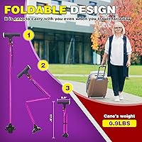Vista 5 de BigAlex Folding Walking Cane with Led Light for Elderly Solid Quad Base Lightweight Adjustable Walking Stick with Comfortable Handle for Man/Woman