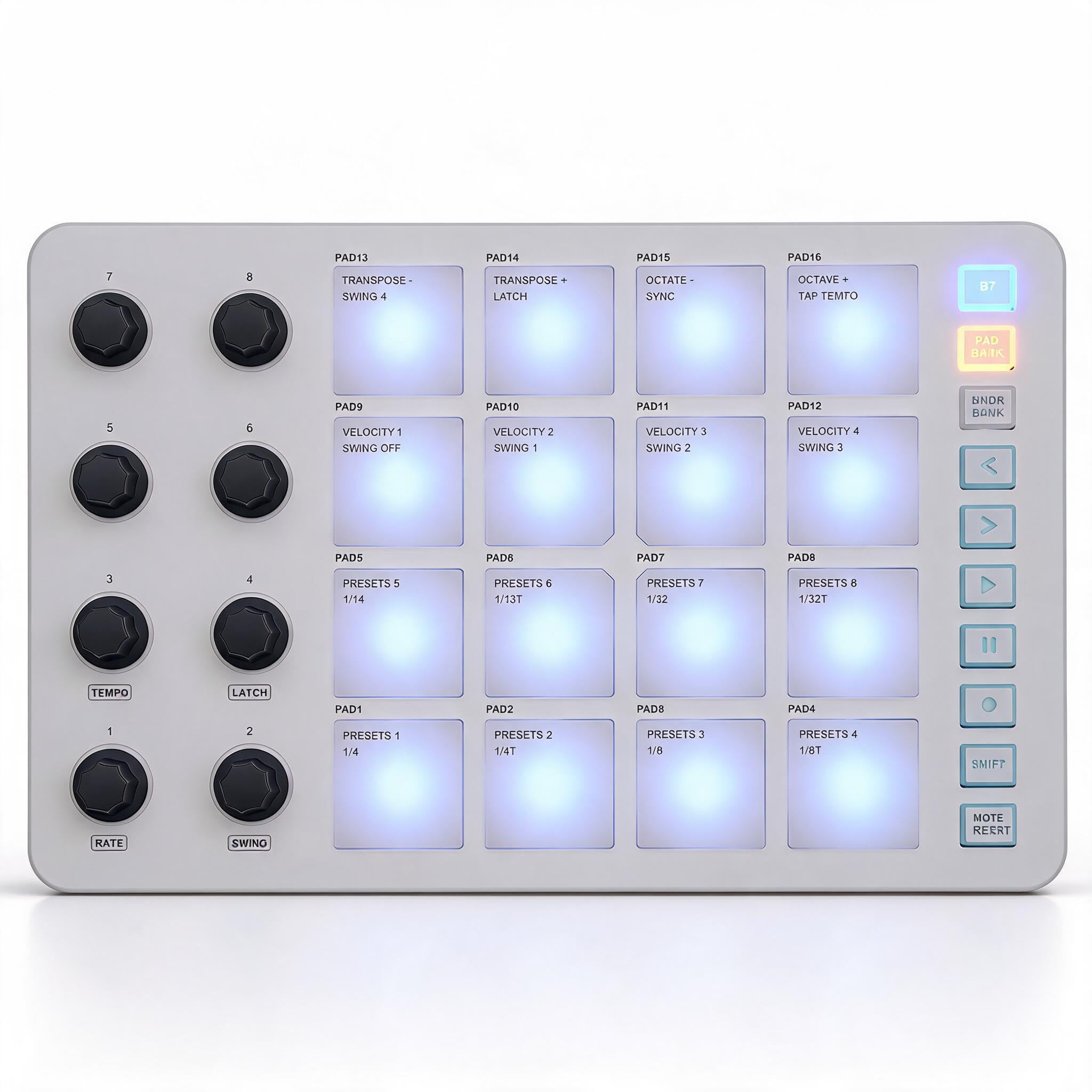 Drahtloser MIDI Pad Controller mit 16 RGB Anschlagdynamik Pads | 8 zuweisbare Drehregler Bluetooth Verbindung USB MIDI Ausgang Typ C Studio Bühne