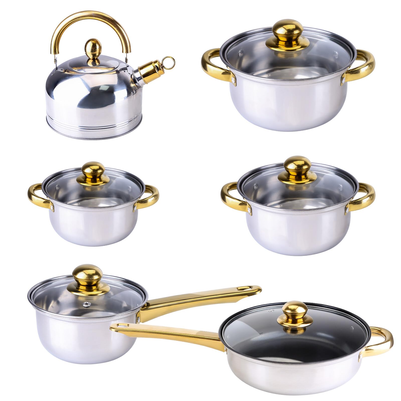 Uposao Kitchen 12-częściowy zestaw garnków i patelni ze stali nierdzewnej, nadaje się do mycia w zmywarce, z garnkami, patelniami, naczyniami do gotowania, czajnikiem