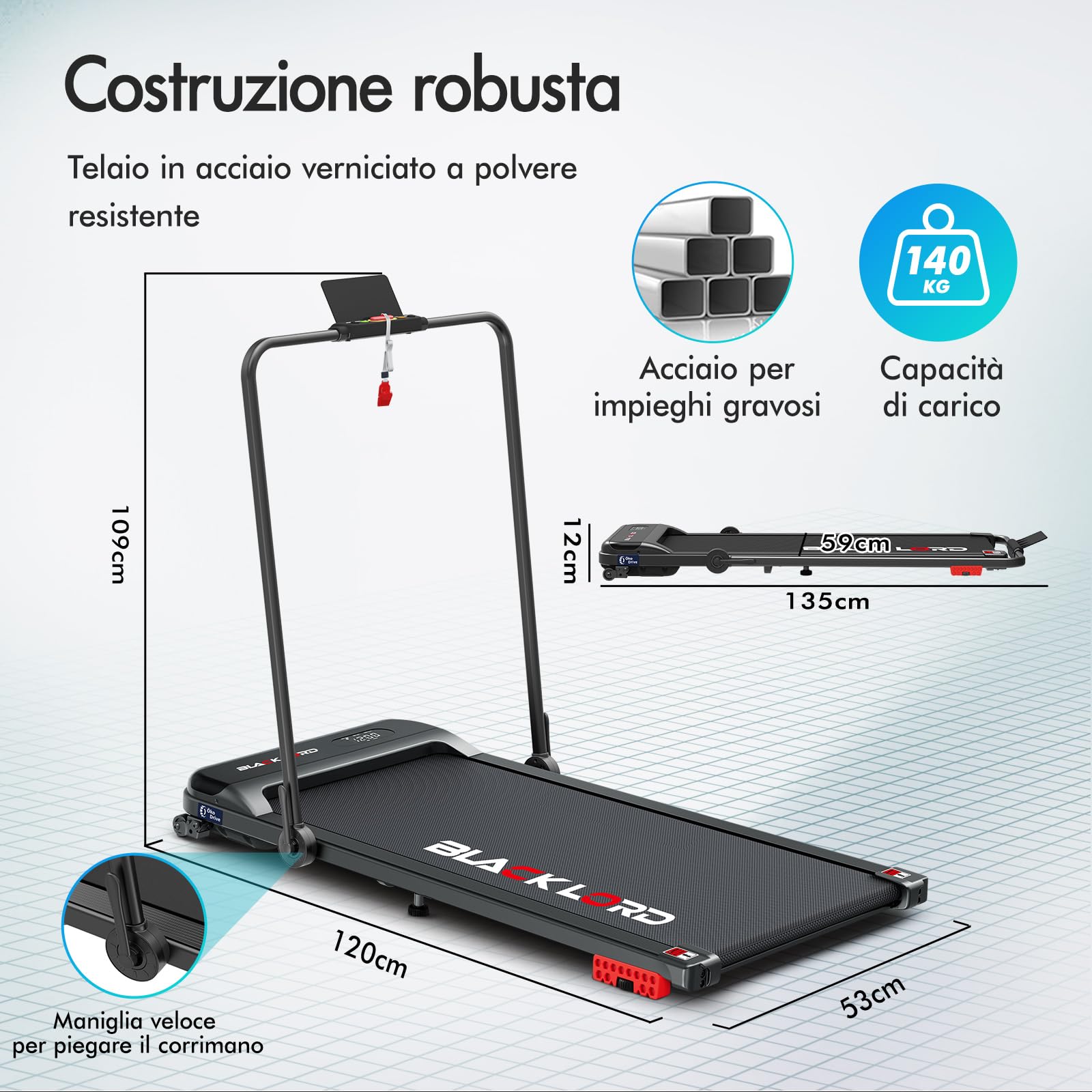 BLACK LORD Tapis roulant, Walking pad 9/12/16 km/h, Tappetino da corsa con/senza inclinazione del 9%, Sotto la scrivania, Portatile, Silenzioso, Display LED, App, Capacità di carico 120/130/140 kg