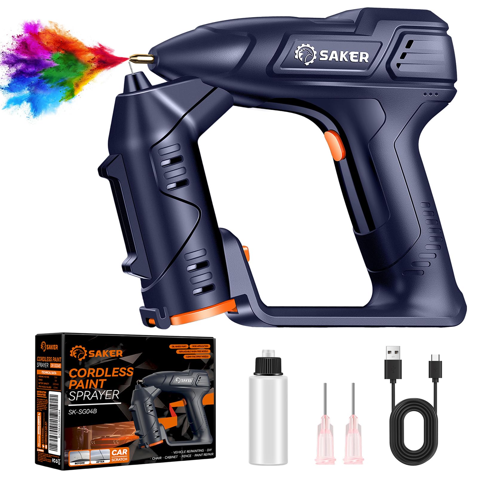 Saker Electric Cordless Paint Sprayer Gun for Car Paint, Airbrush Gun Kit 0.5MM Nozzle and Cleaning Sets for Painting Cars,Cabinet, Paint Repair and DIY 1 Gear Blue 12inch