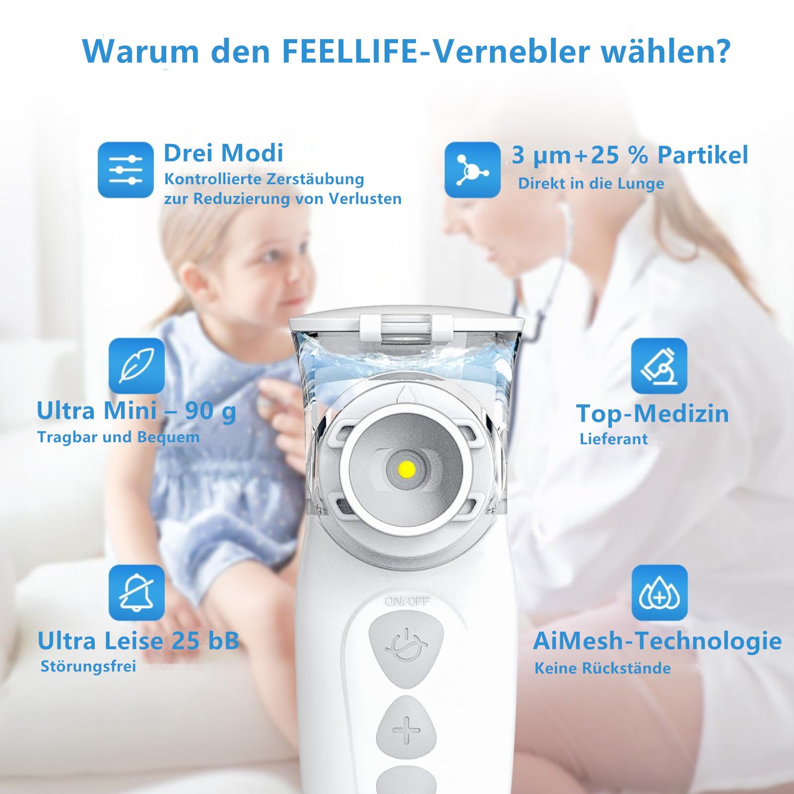 FEELLIFE Inhalationsgerät Tragbar, Leise Inhaliergeräte für Erwachsene Kinder, Aufladbarer Baby Inhalator, 3µm Partikelgröße Einstellbarer Sprühnebel Vernebler Inhaliergerät (Weiß)