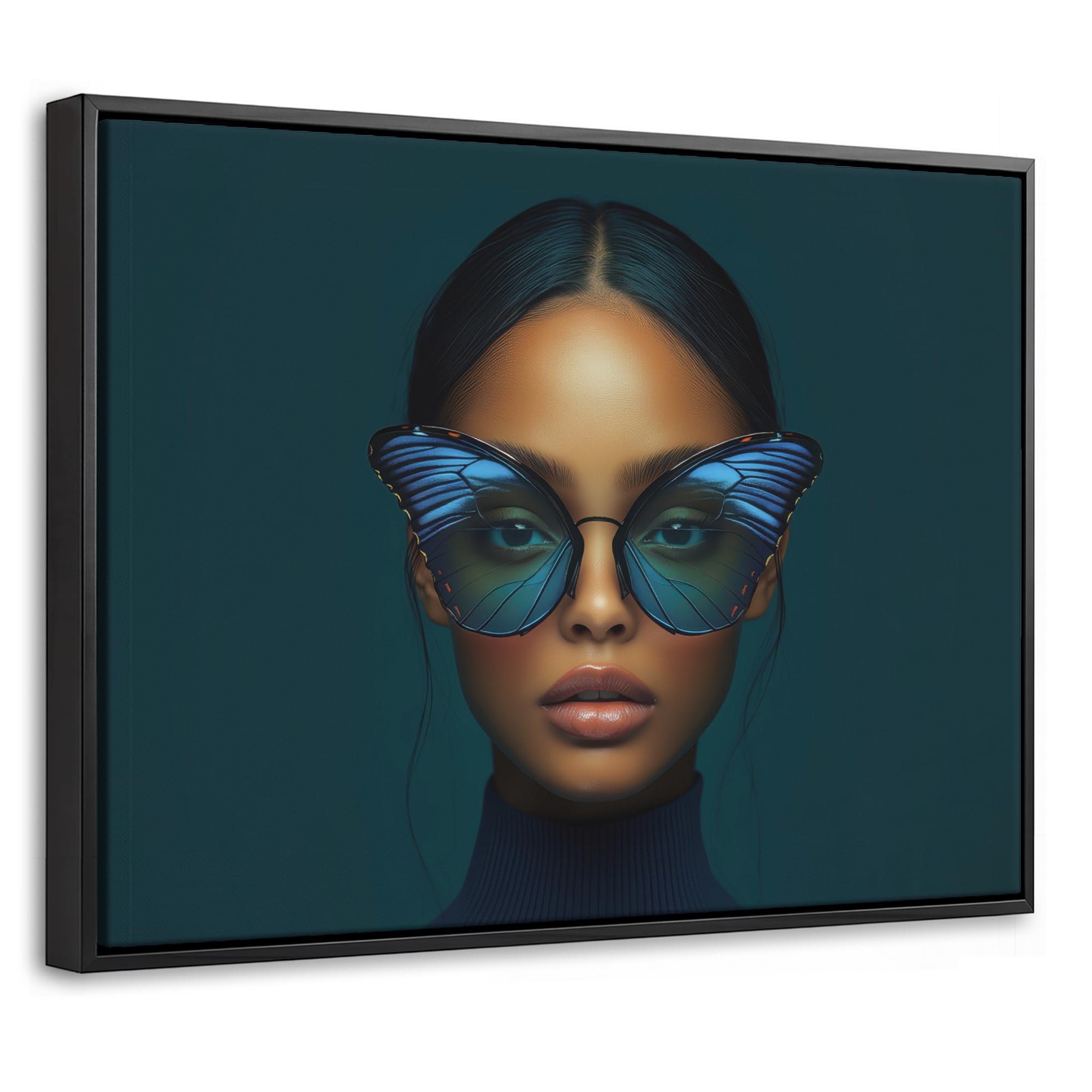 OnlyWow© Cuadros Decoracion Salon Modernos 40x30 cm Lienzo Con Marco Para Dormitorios Cuadro Decorativos De Lienzos Decorativo Pared Mujer - Mariposa - Gafas - Azul - Moderno - Retrato