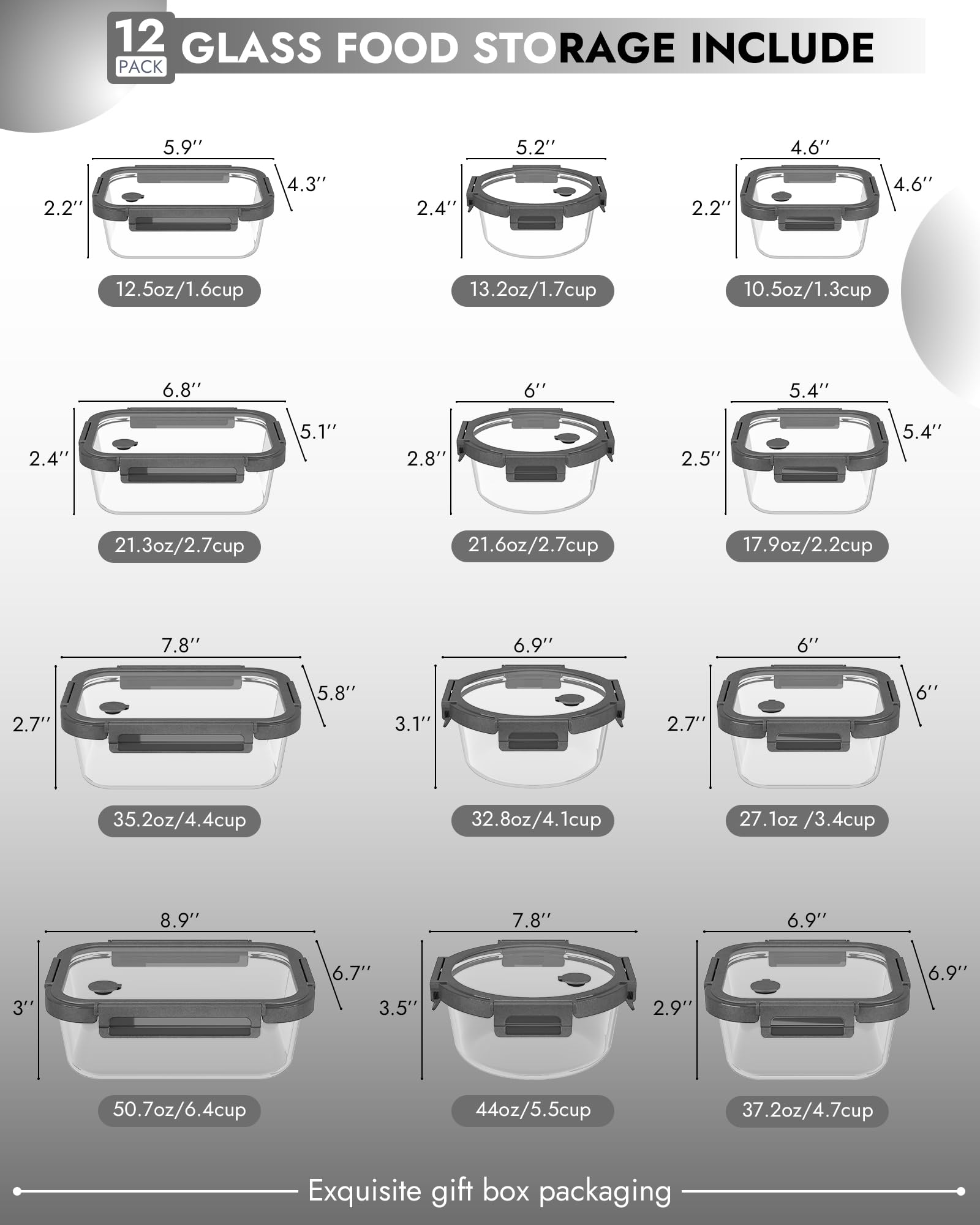 Confezione da 12 contenitori in vetro borosilicato, adatti al forno, ermetici, senza BPA, adatti per la preparazione dei pasti, lavabili in lavastoviglie (grigio)
