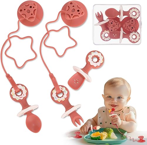 Juego de 3 tenedores y cucharas para bebé, utensilios de alimentación para bebés de 6 a 12 meses, cucharas de entrenamiento anticaídas para el