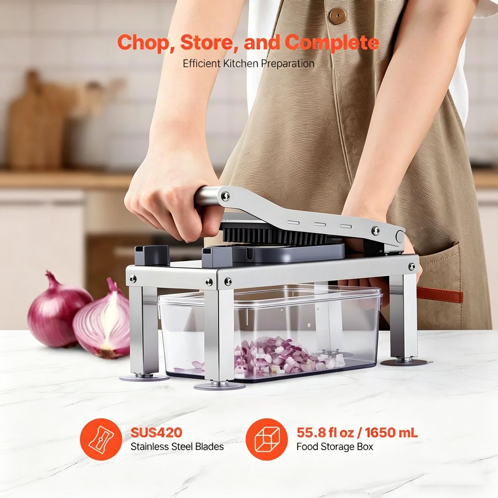 Manueller Gemüsewürfelschneider aus Edelstahl, Multifunktionaler Zwiebelschneider, Küchen Mandoline zum Würfeln, Schneiden, Juliennieren, Gemüse Schneider mit Auffangbehälter