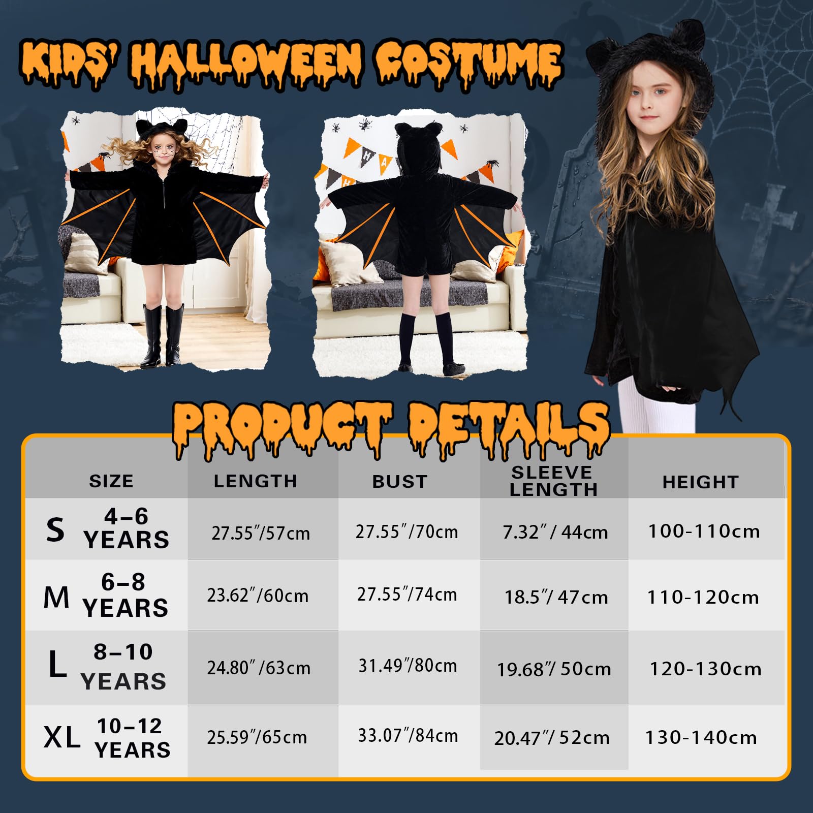 XLKJLI Bat Costume Child Halloween with Hood Bat Girl Vampire Costume Halloween Black Cape (M) - Image 3