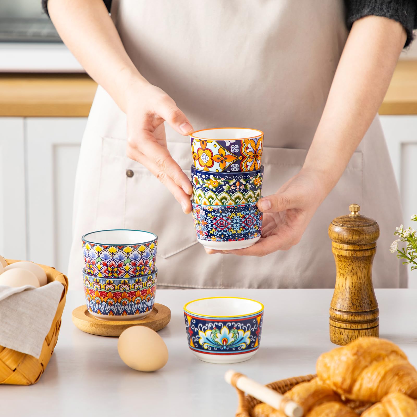 vancasso Ramequins Lot, 6 X 120 ML Ramequins et Moules à Soufflés en Porcelaine, Ramequin Creme Brulee pour Muffin et Gâteau, Ramequin Four à Crème, Sauce, Fruit, Ø8 CM - Style Bohème