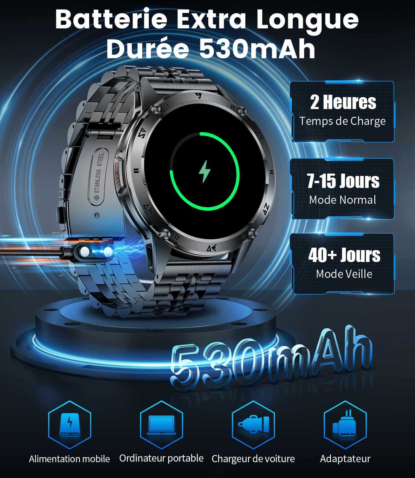 FITFLEX Montre Connectée Homme avec Appel Bluetooth, 1.43'' AMOLED Smartwatch avec Lampe Torche, 530mAh, Moniteur de Sommeil, IP68 Étanche, 120+ Sportifs Montre Intelligente pour Android iOS