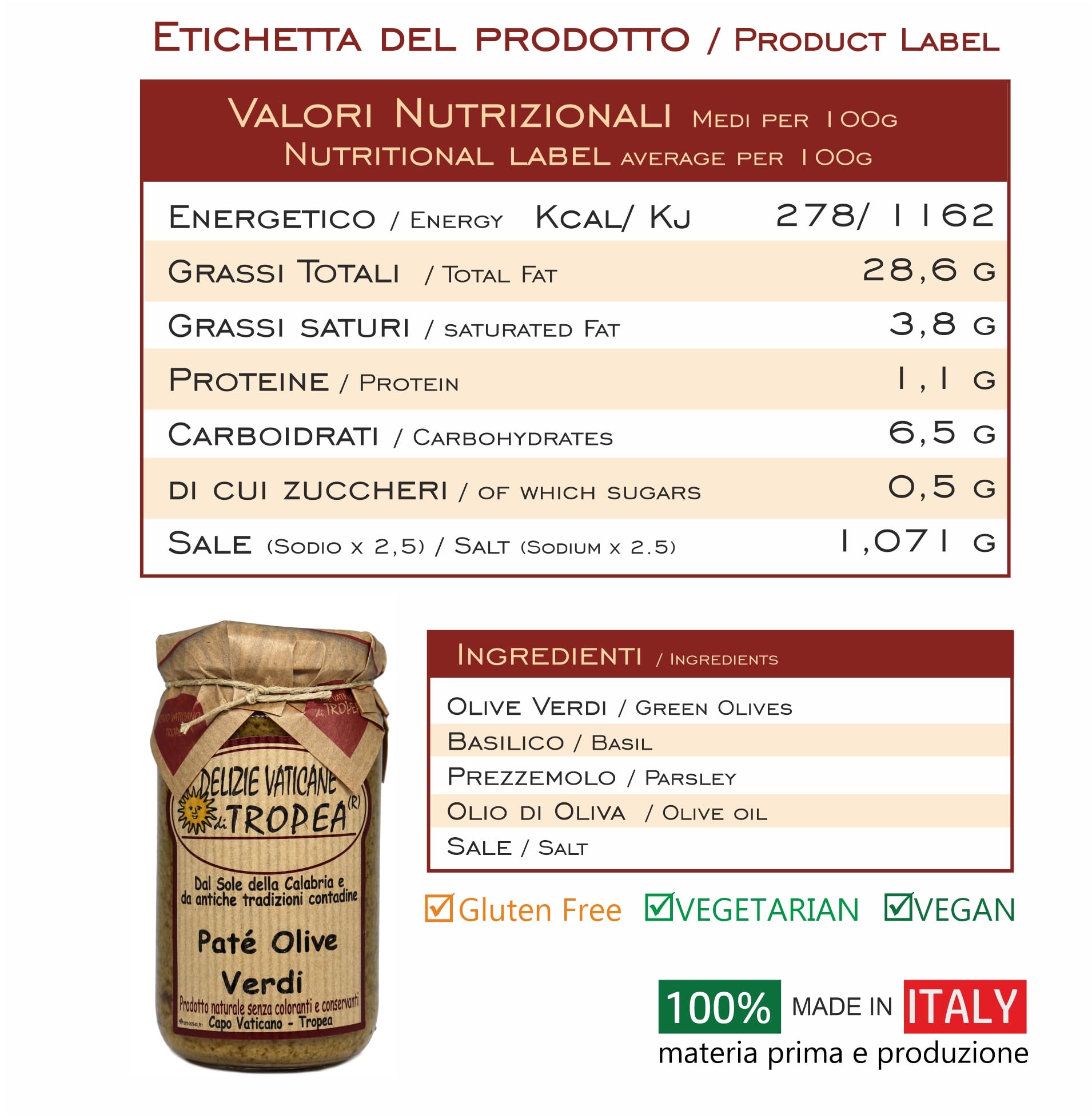 Paté de Aceitunas Verdes 180g | Delicia Calabresa – Perfecto para Bruschetta, Pasta y Queso | Auténtica Salsa Gourmet Italiana por Delizie Vaticane di Tropea